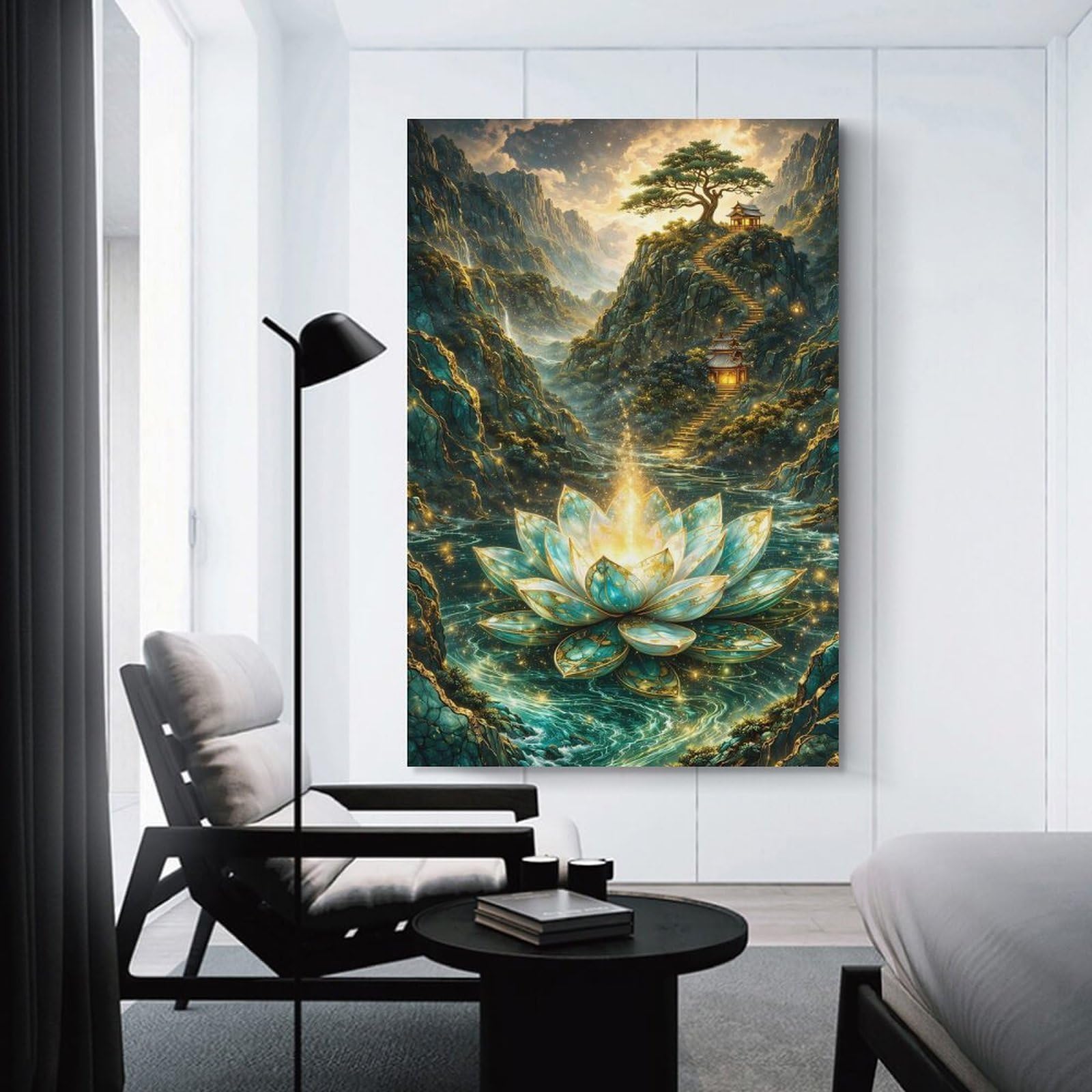 Junmoney Enchanted Lotus in A Mountainous Landscape Home Decor Wall Art 12x18inch(30x45cm), for Living Room, Lounge Or Sitting Room, A Home Accent with Warm Character