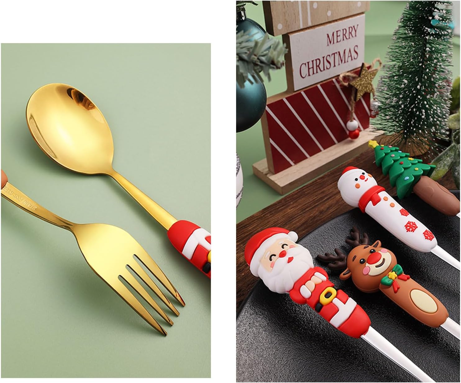 Christmas Cutlery Set 410Stainless Steel Spoon and Fork with Festival Designs Fruit Cake for Holiday Dining Christmas Spoon and Fork