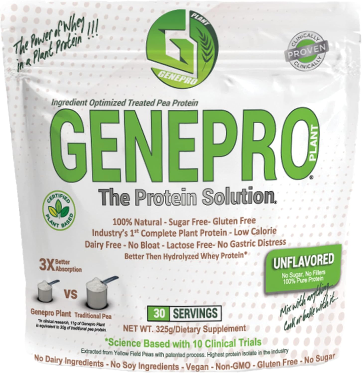 Genepro Unflavored Plant Based Protein Powder Lactose