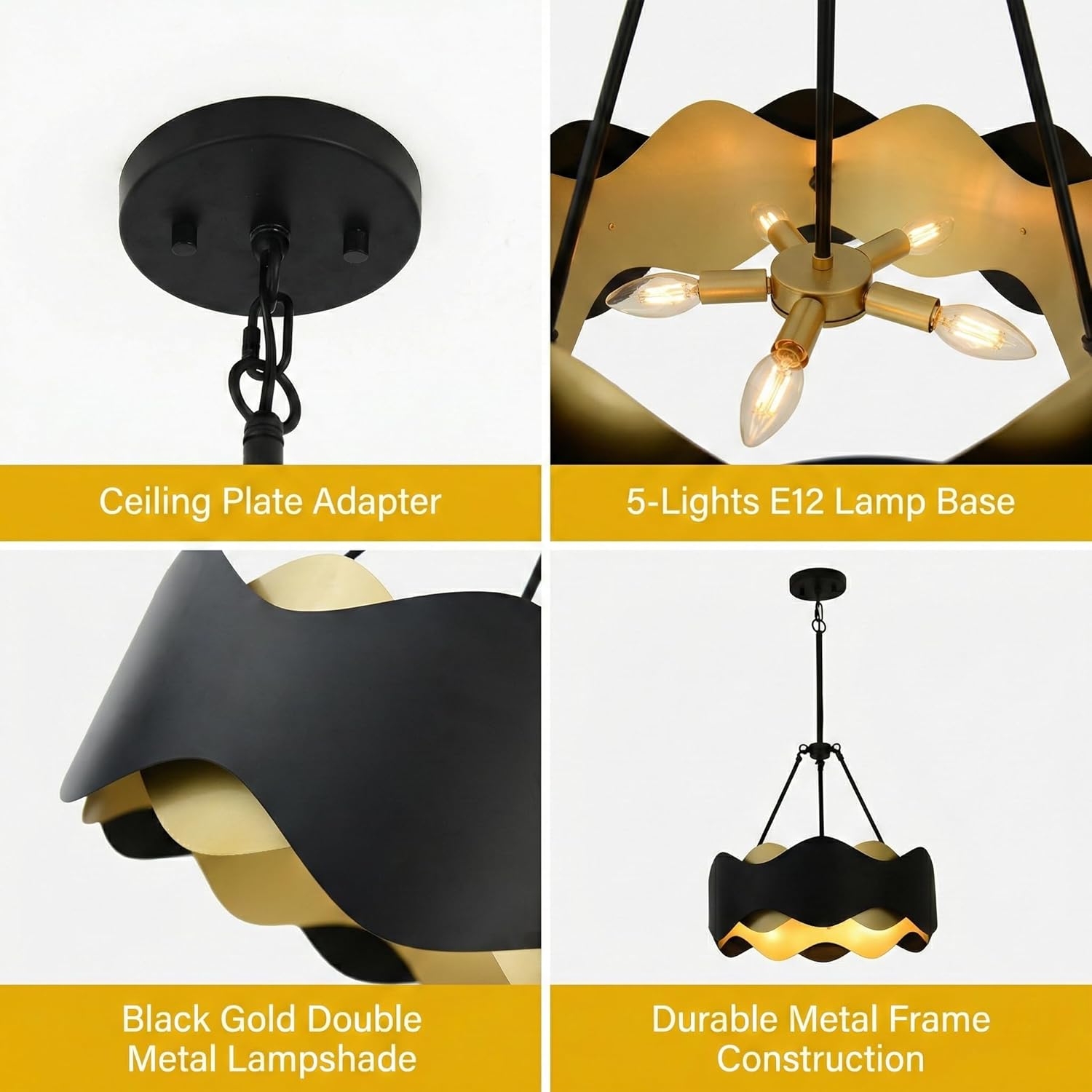 20" Large Black and Gold Drum Chandelier, 5-Light Modern Industrial Wave Pendant Light Fixture for Dining Room, Kitchen Island, Foyer, Living Room, E12 Base