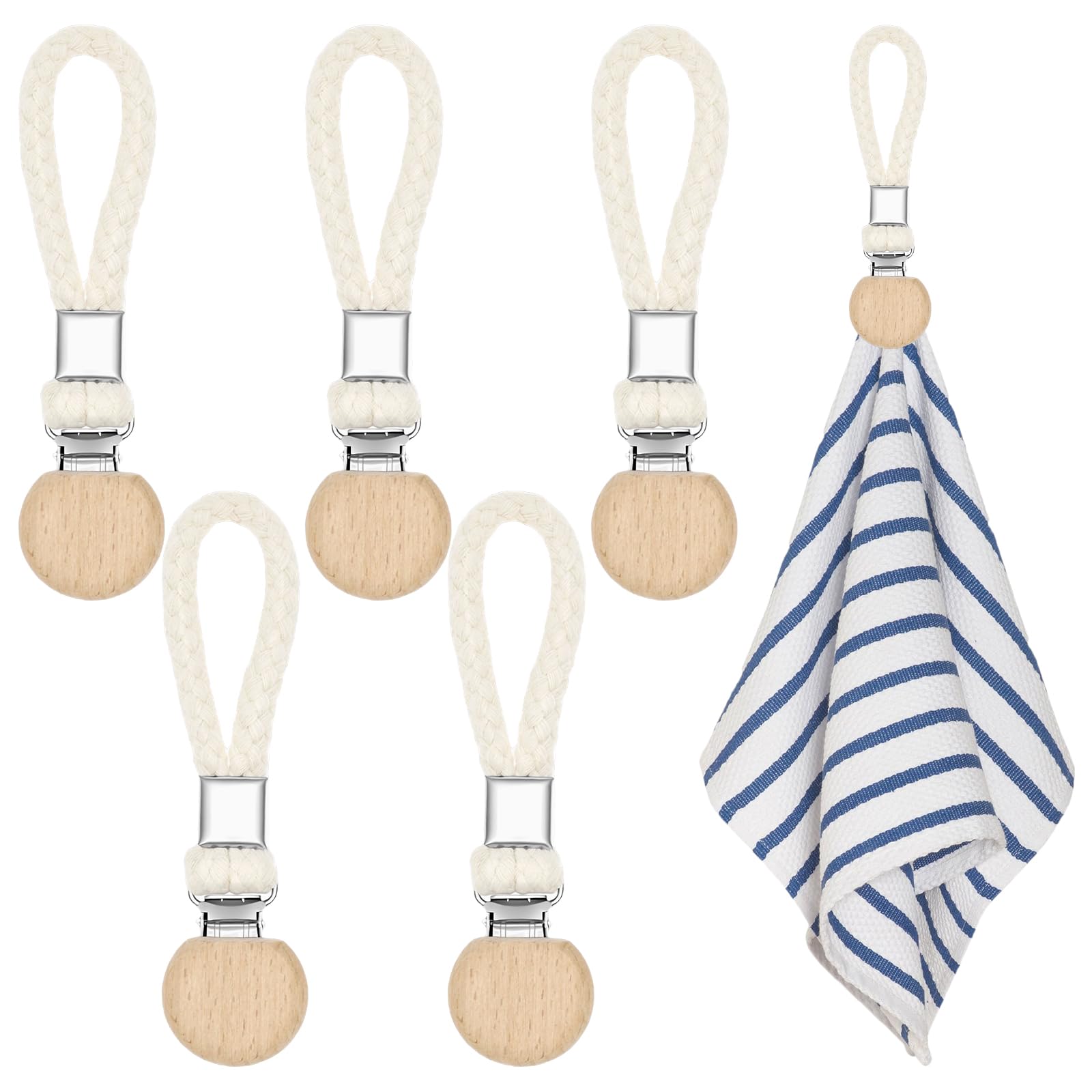 5 Pack Hanging Tea Towels Clip,Metal Kitchen Towel Clips with Hanging Braided Cotton Loop Cloth Hook Clip Hangers for Home Kitchen Bathroom Cupboards Hanger Holder Brackets