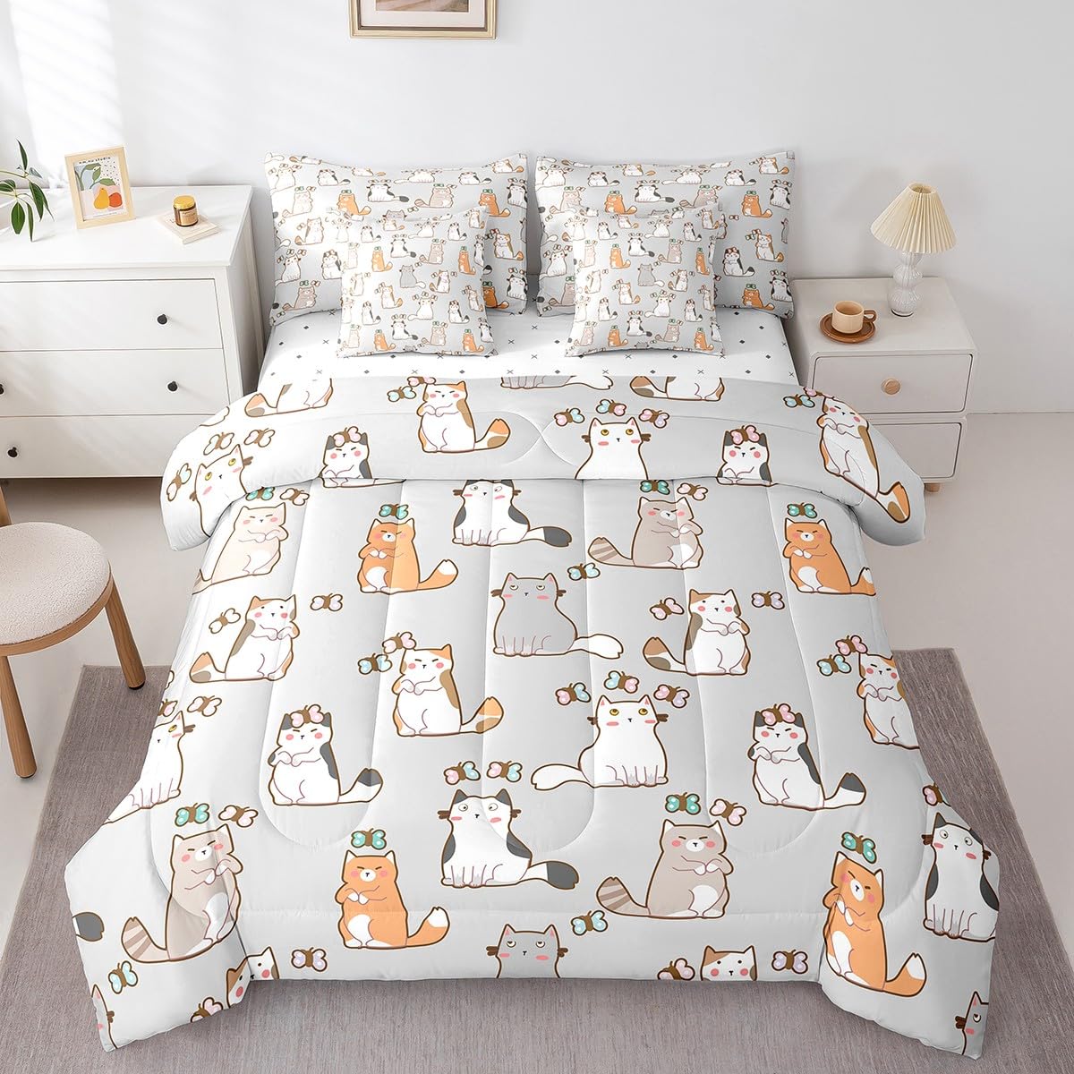 Erosebridal Cartoon Cat 7 Pcs Comforter Set King