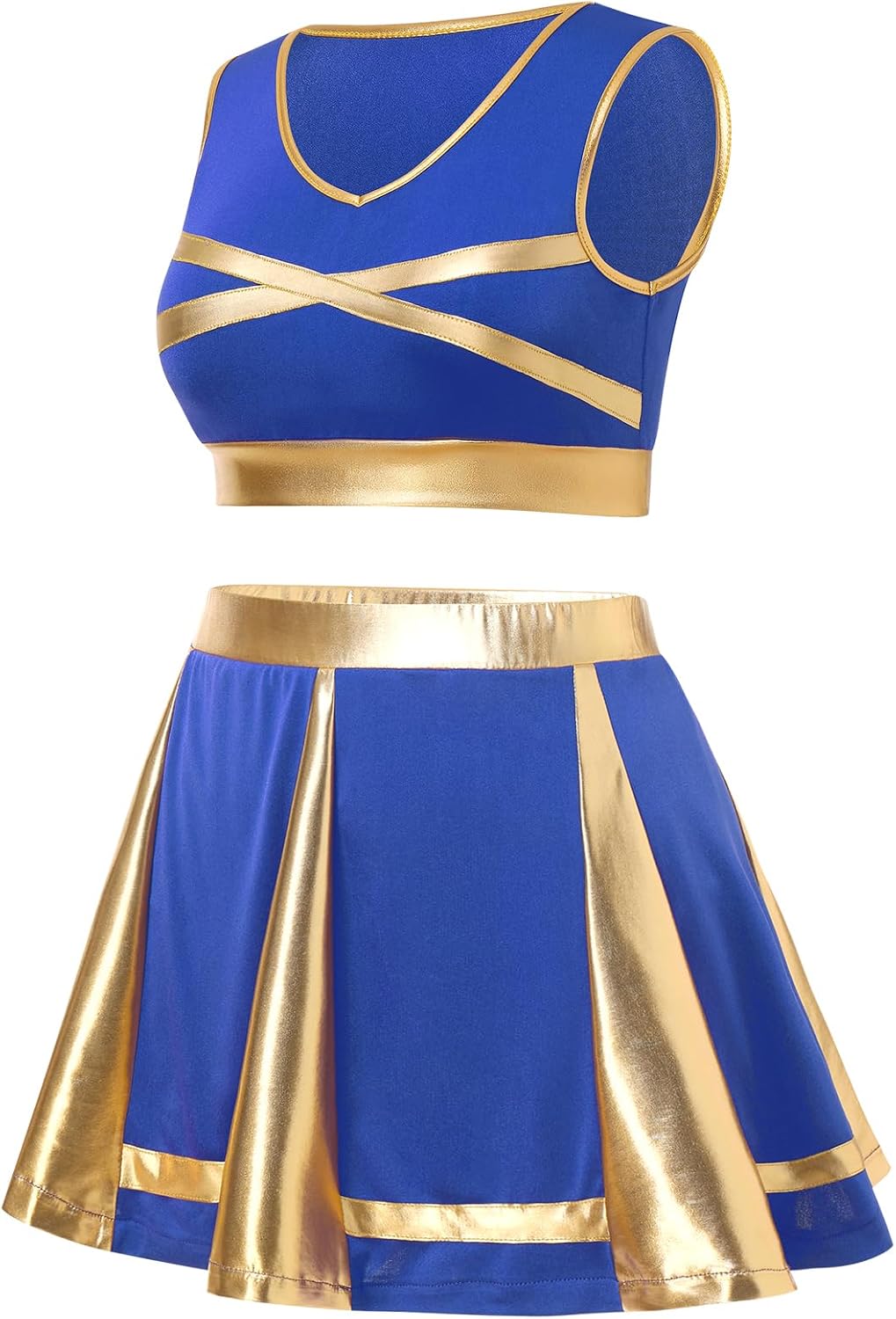 IBAKOM Women Metallic Cheerleader Outfits Crop Top Pleated Mini Skirt Cheerleading Uniform Adult Cheer Halloween Costume