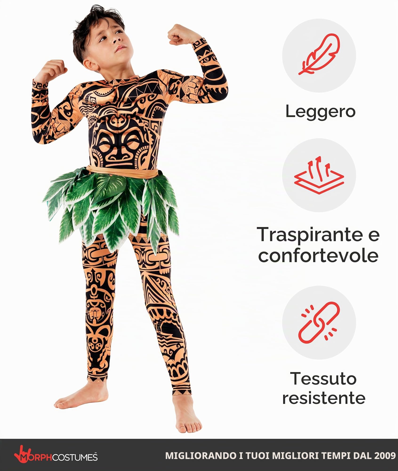 Morph Costume Guerriero Polinesiano Bambino, Costume Halloween | Tuta Muscolare & Cintura di Foglie, Busto 3D Imbottito, Perfetto per Halloween, Ideale per il Gioco di Ruolo