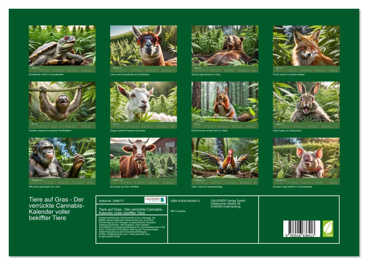 Tiere auf Gras - Der verrückte Cannabis-Kalender voller bekiffter Tiere (hochwertiger Premium Wandkalender 2026 DIN A2 quer), Kunstdruck in Hochglanz: ... Motiven fürs ganze Jahr. (CALVENDO Tiere)