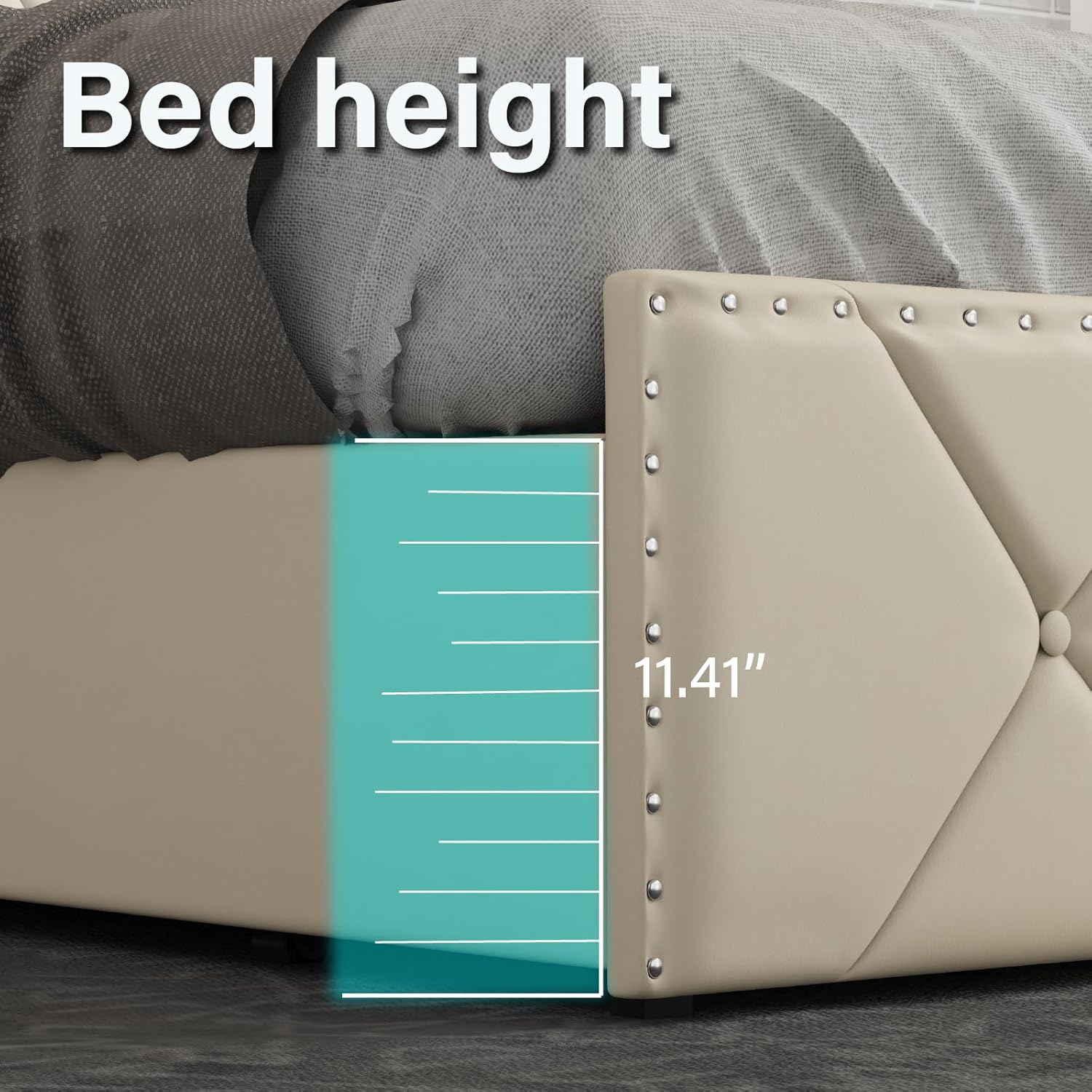 CollaredEagle Queen Size Upholstered Bed Frame with 2 Drawers and Square Stitched Button, Bed Frame with Charging Station and LED Lights, Upholstered Headboard with 2-Tier Storage Shelves, White