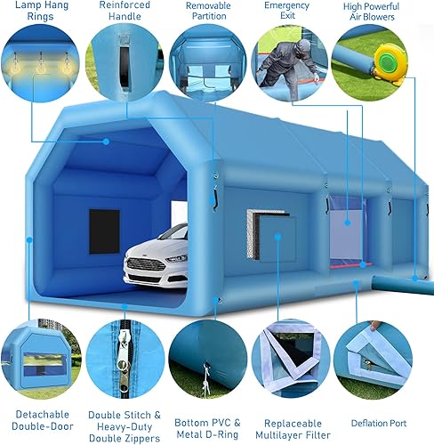 Miniatura 7 de Cabina de pintura inflable, cabina de pulverización inflable de 26 x 13 x 10 pies con soplador de 950 W y sistema de filtro de aire, tienda de