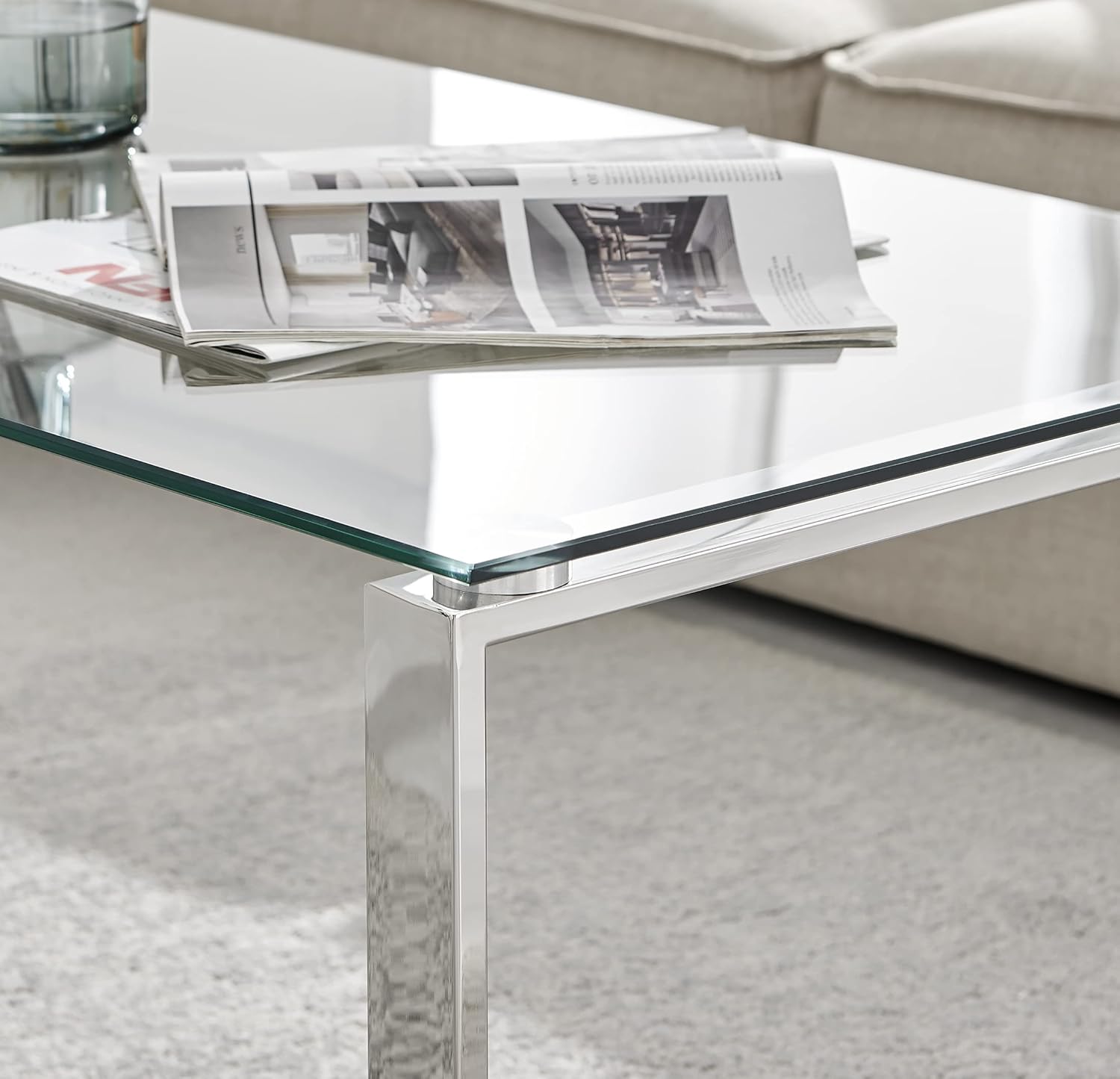 Furniturebox UK Miami Large Modern Clear Glass and Stylish Chrome Silver Metal Coffee Table - Luxury Minimalist Contemporary Living Room Furniture