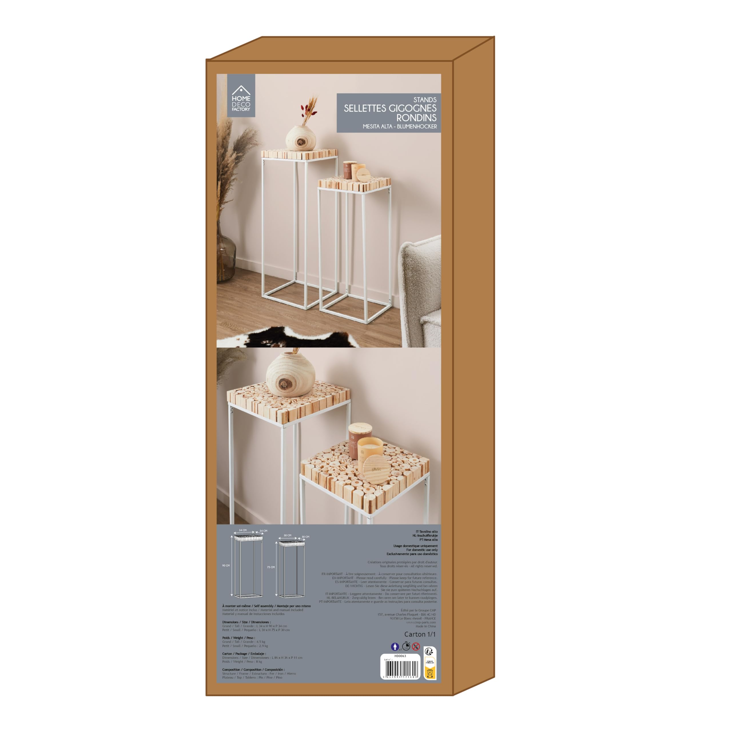 HOME DECO FACTORY Lot de 2 Sellettes Gigognes Bois et Métal Marron | Bois de pin et métal, lot de 2 sellettes gigognes, design contemporain, salon ou entrée, gain de place, 34x34x90 cm, marron