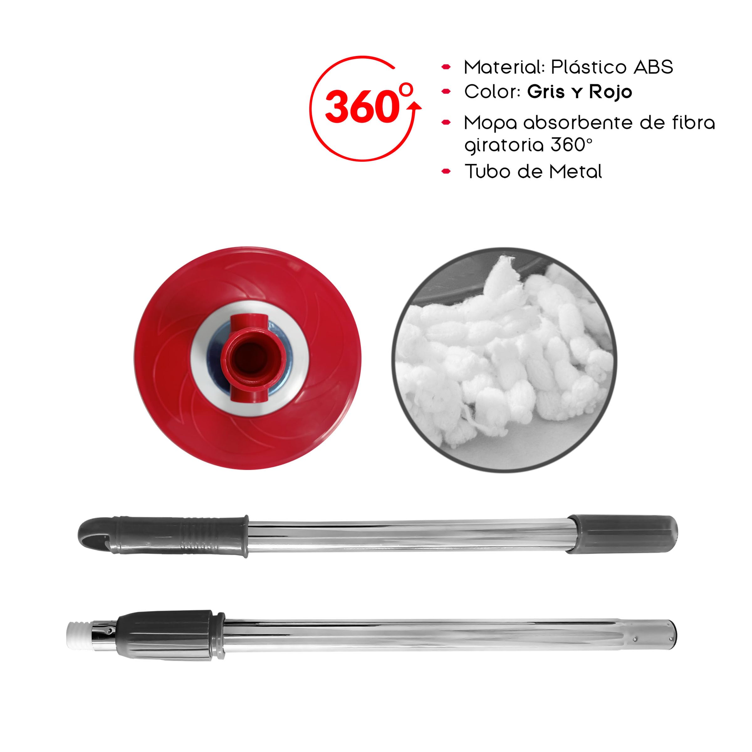 Cubo Fregona Giratorio 360º Plástico ABS Doble Depósito con Mopa Absorbente Giratoria de Fibra y Tubo de Metal 46x26x21 cm