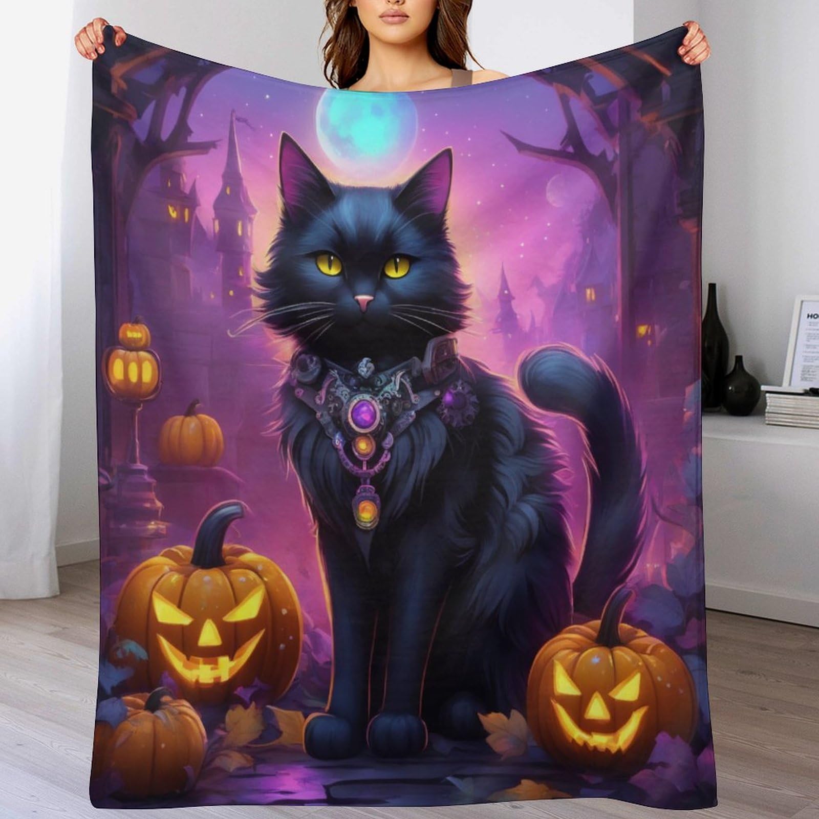 Couverture chat Halloween pour canapé et bureau, plaid chaud en flannel moelleuse 100x130