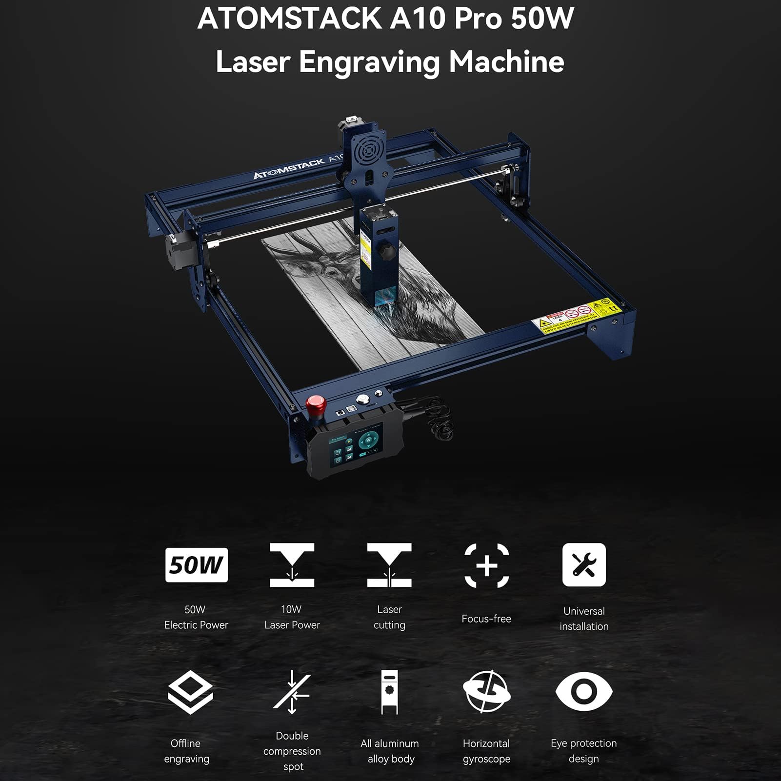 ATOMSTACK A10 PRO 10W Macchina per incisione laser Taglio laser, taglio laser CNC, 50W, messa a fuoco laser 0,08 mm con rullo multifunzionale R8 Supporto per rullo rotante ad alta precisione
