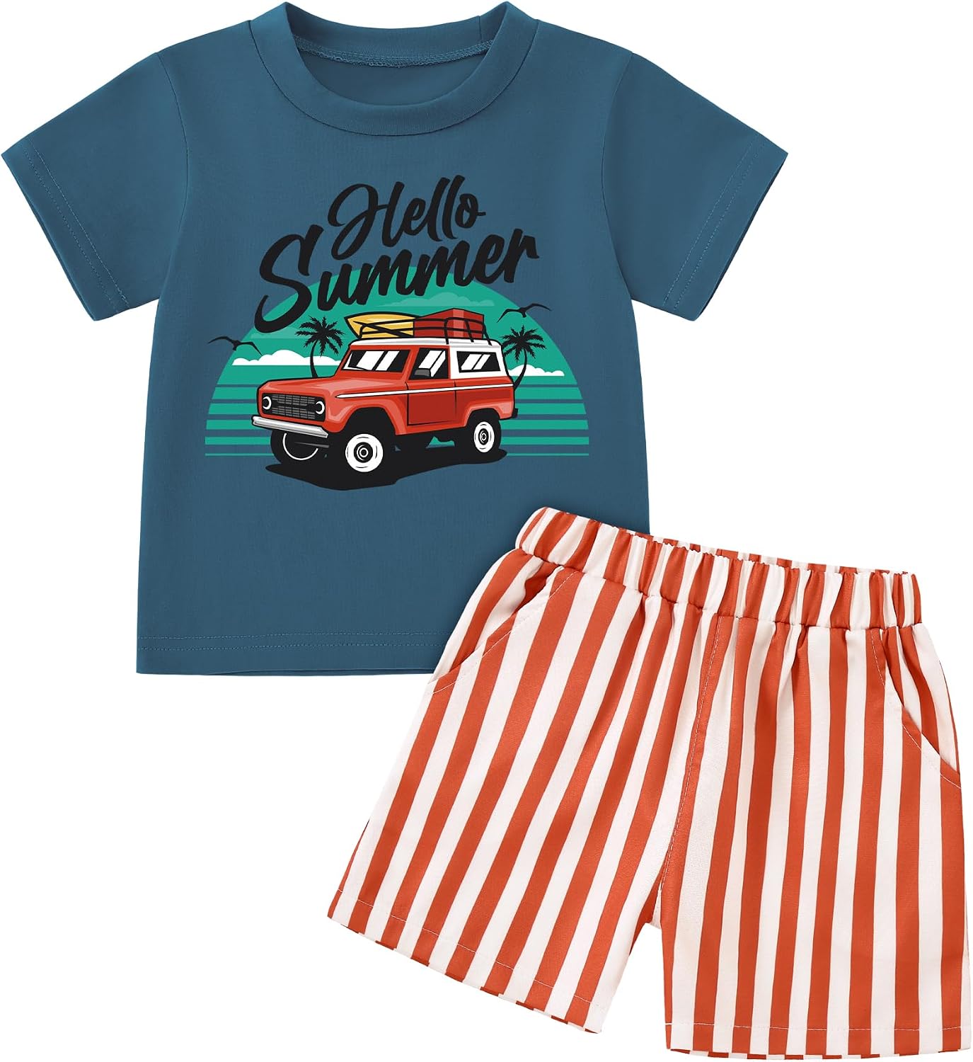 Toddler Baby Boy Summer Outfits Crew Neck T-shirt+Striped Shorts Set with Pockets Casual 2 Piece Clothes 1-6 Years