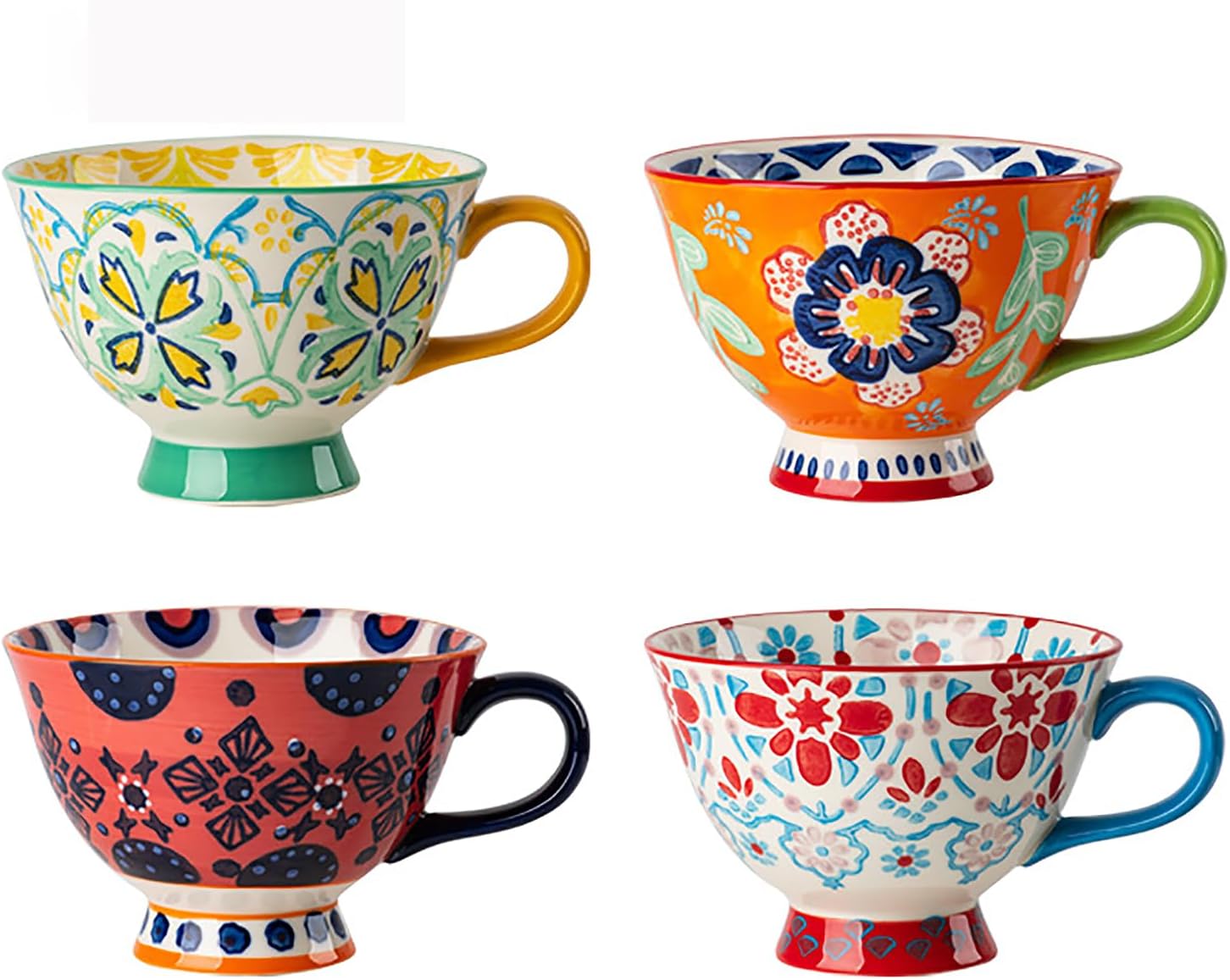 Large Coffee Mugs Sets of 4, 420ml Footed Coffee Cups Set for Latte Cappuccino Hot Chocolate Soup, Hand-Painted Traditional Farmhouse Pattern