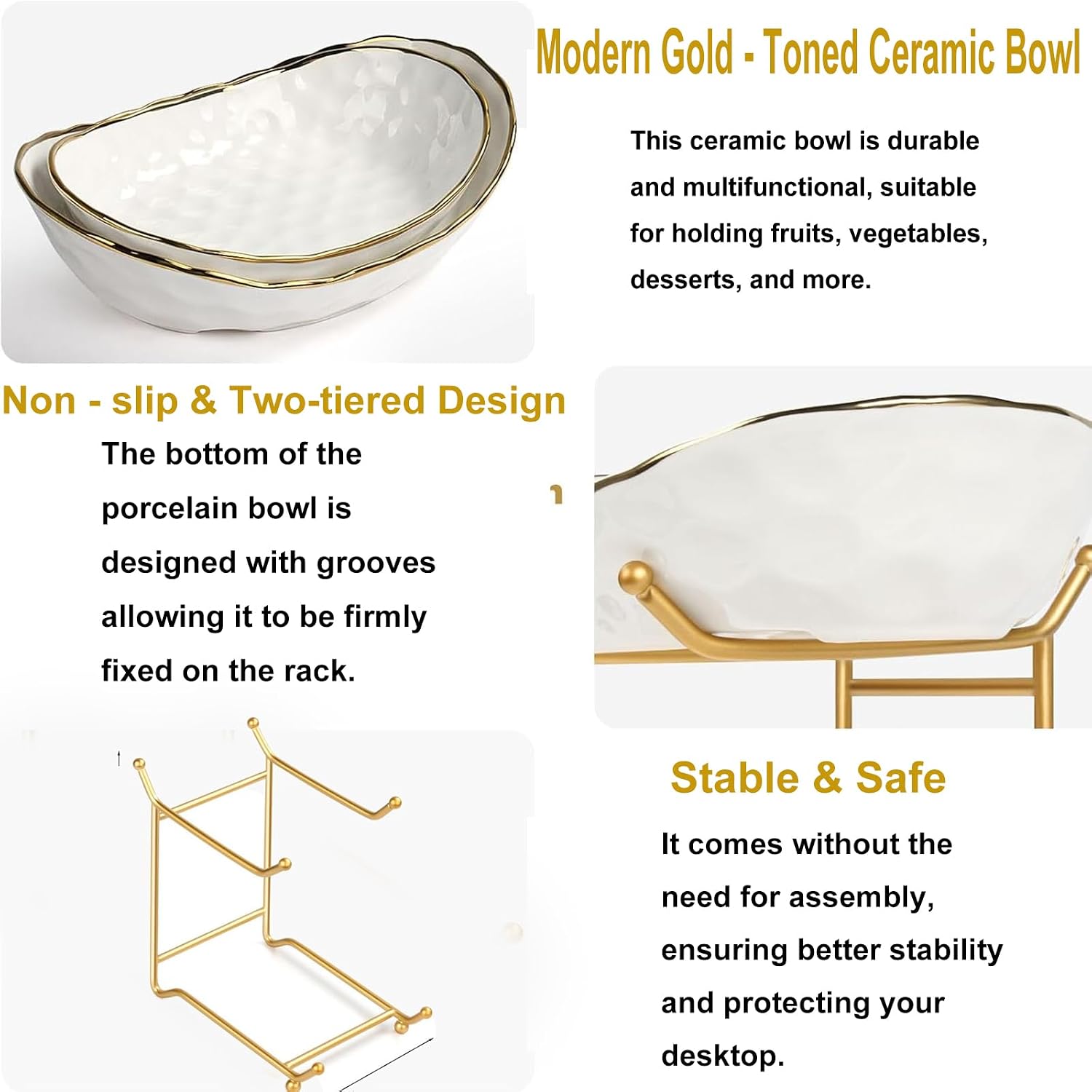 Ceramic Fruit Bowl,2-Tier Countertop Fruit Basket with Metal Stand,Space Saving Modern Tiered Fruit & Snack Stand for Kitchen, Party, Desserts, Nuts and Cake(Gold, 2 Tier)