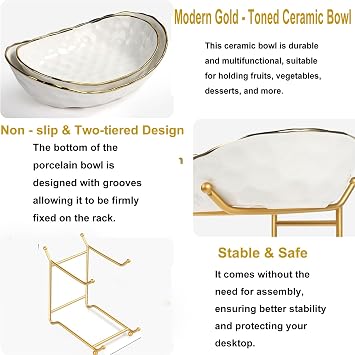 Ceramic Fruit Bowl,2-Tier Countertop Fruit Basket with Metal Stand,Space Saving Modern Tiered Fruit & Snack Stand for Kitchen, Party, Desserts, Nuts and Cake(Gold, 2 Tier)