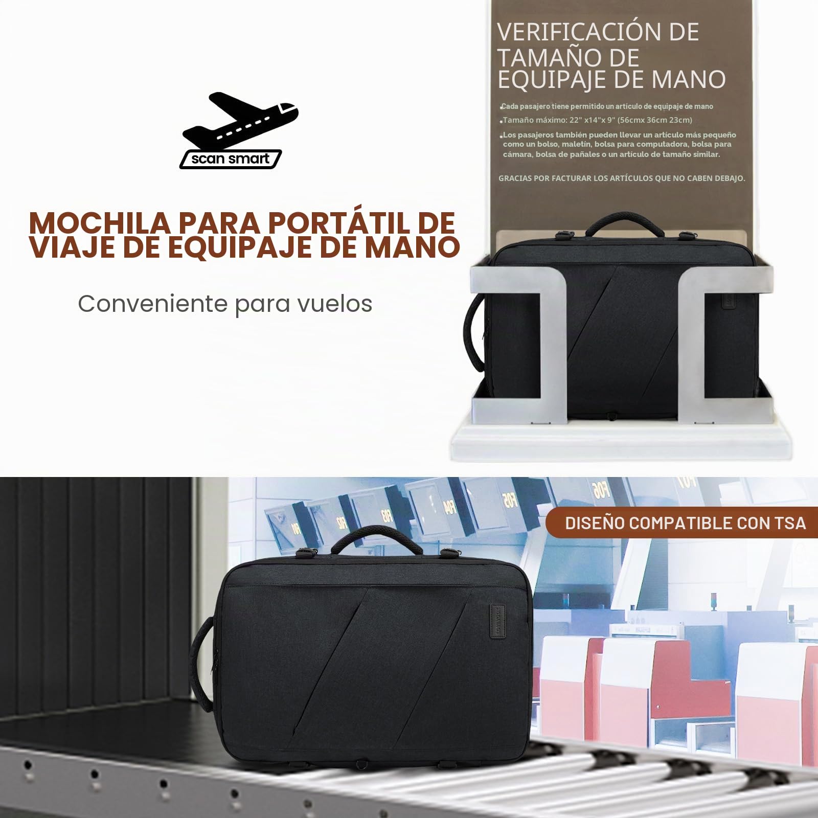 LOVEVOOK Mochila Viaje Cabina Avion Maletas De Viaje Cabina, 50L Equipaje De Mano Mujere Hombre, Mochila Para Portátil 18 Pulgadas, Travel Backpack Cabin Bag para Viagem Trabajo Escuela, Negro