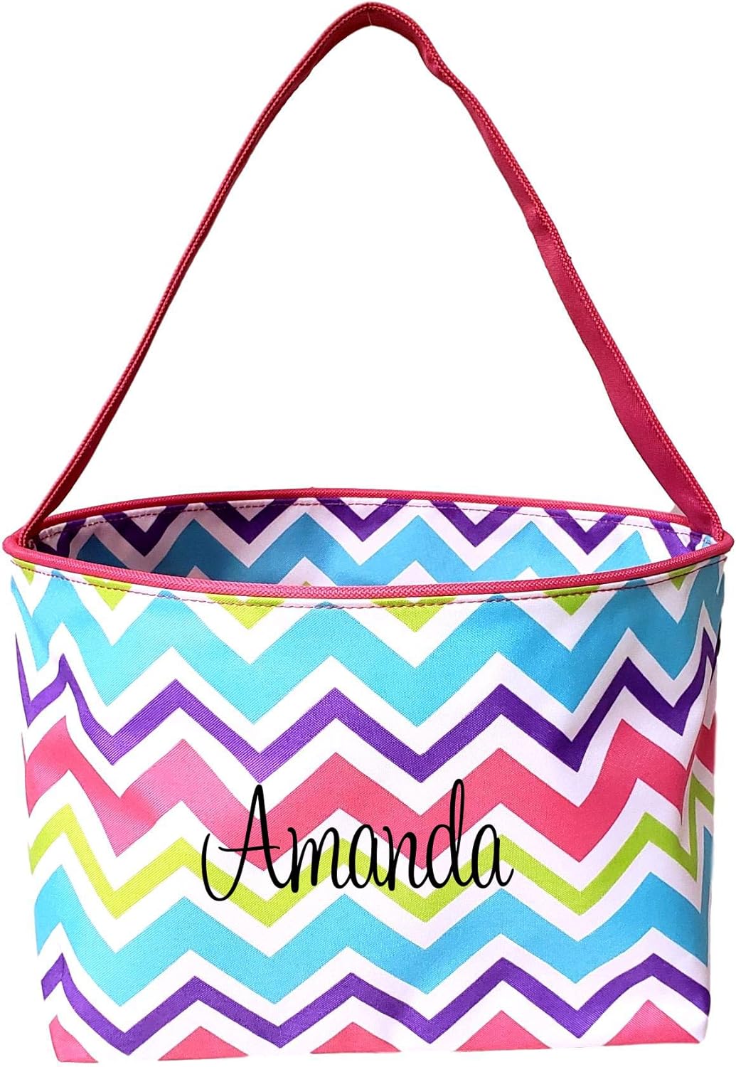 ZIg Zag Chevron Material Easter Basket Bucket for Toys Egg Hunting Party (Pink Chevron with Embroidered Name)