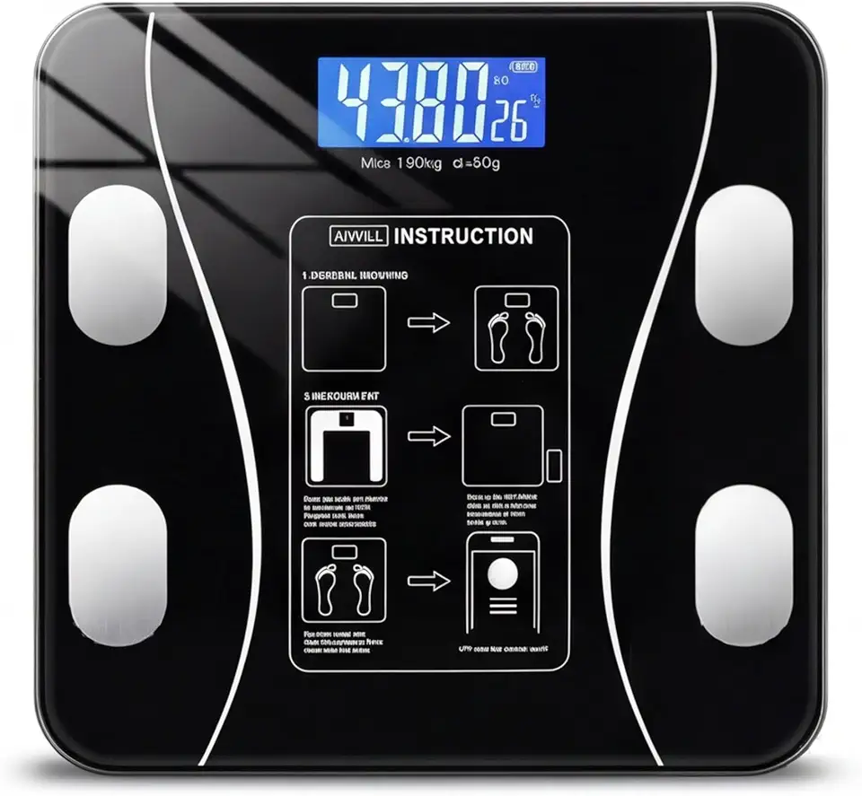 Balança Digital de Bioimpedância Bluetooth até 180kg com App – 13 Métricas Corporais (IMC, Gordura, Massa Muscular, Água, BMR) Vidro Temperado Alta Precisão