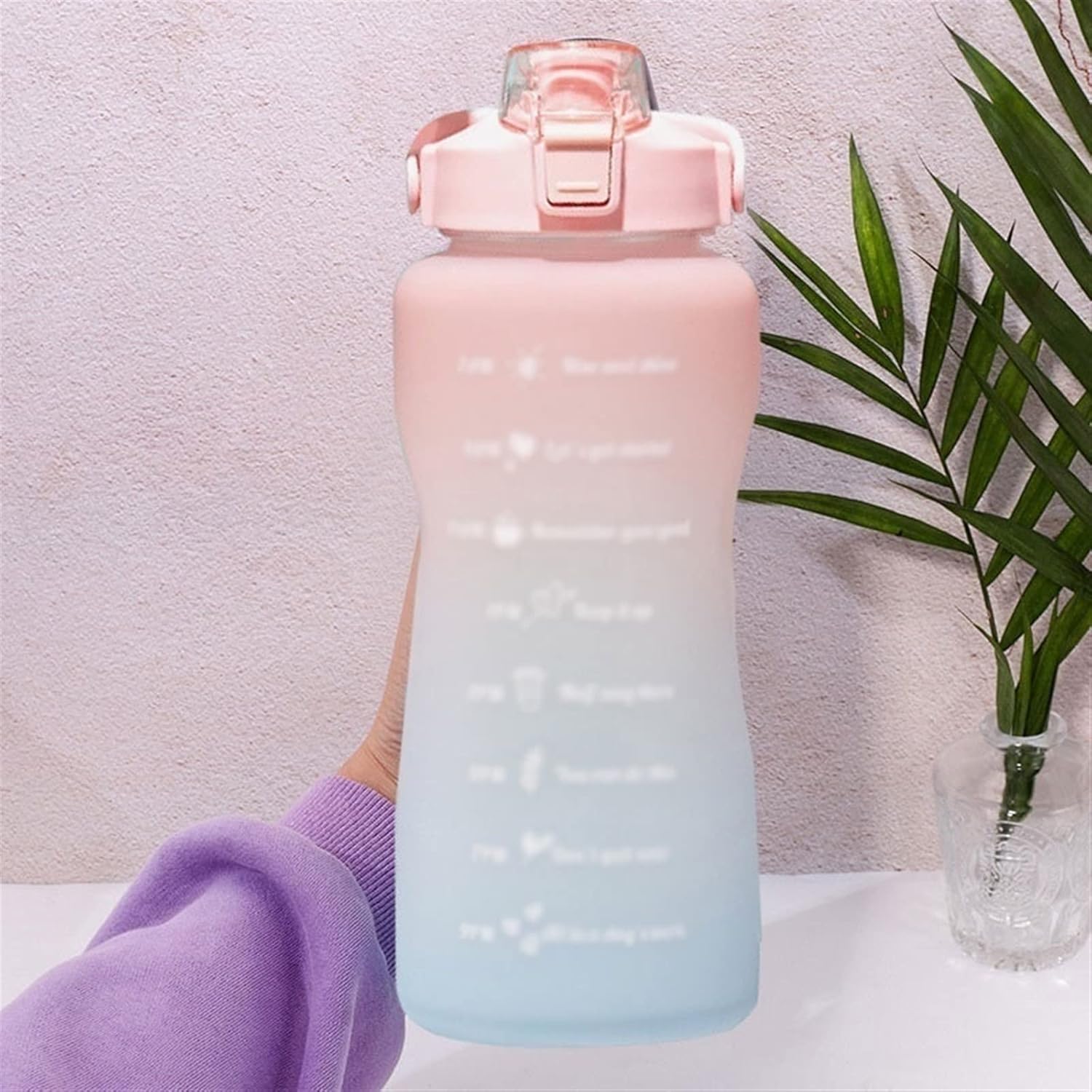 INLIMA Drinking Glasses 2L Large Capacity Water Bottle Straw Cup Gradient Color Water Cups With Time Marker Outdoor Fitness Sports Bottle (Color : Green purple)
