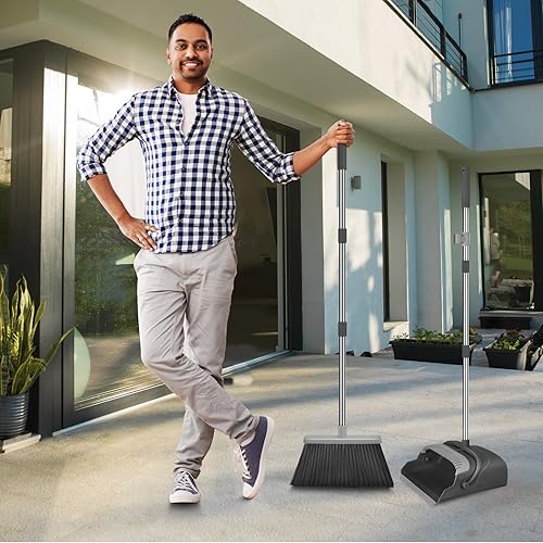 Vista 7 de Kelamayi Juego de escoba y recogedor para hogar, oficina, limpieza interior y exterior, escoba y recogedor de pie (negro y gris)