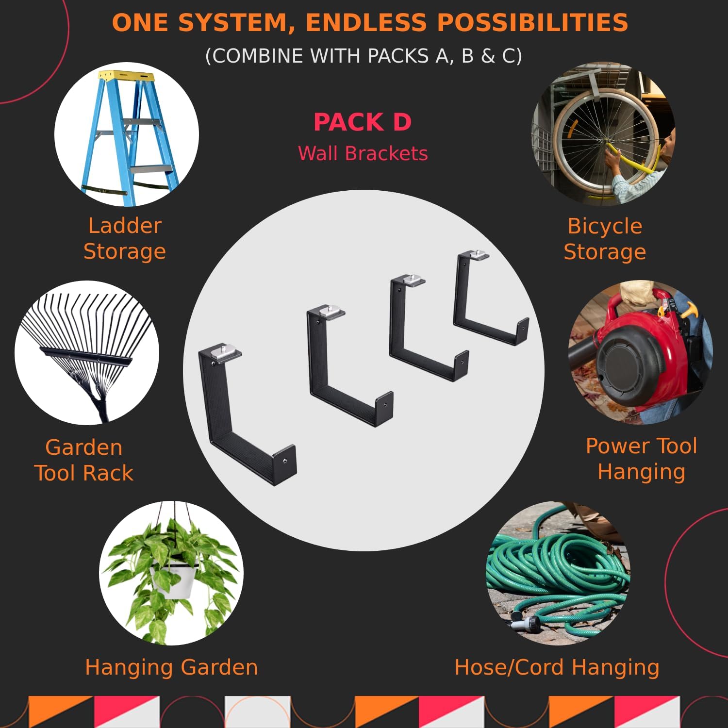 Pack D Hook Brackets x4 – Heavy Duty Wall Hooks, Suits Modular Systems, Holds Ladders, Bikes, Tools, 4mm Steel Construction, Garage Storage Hooks