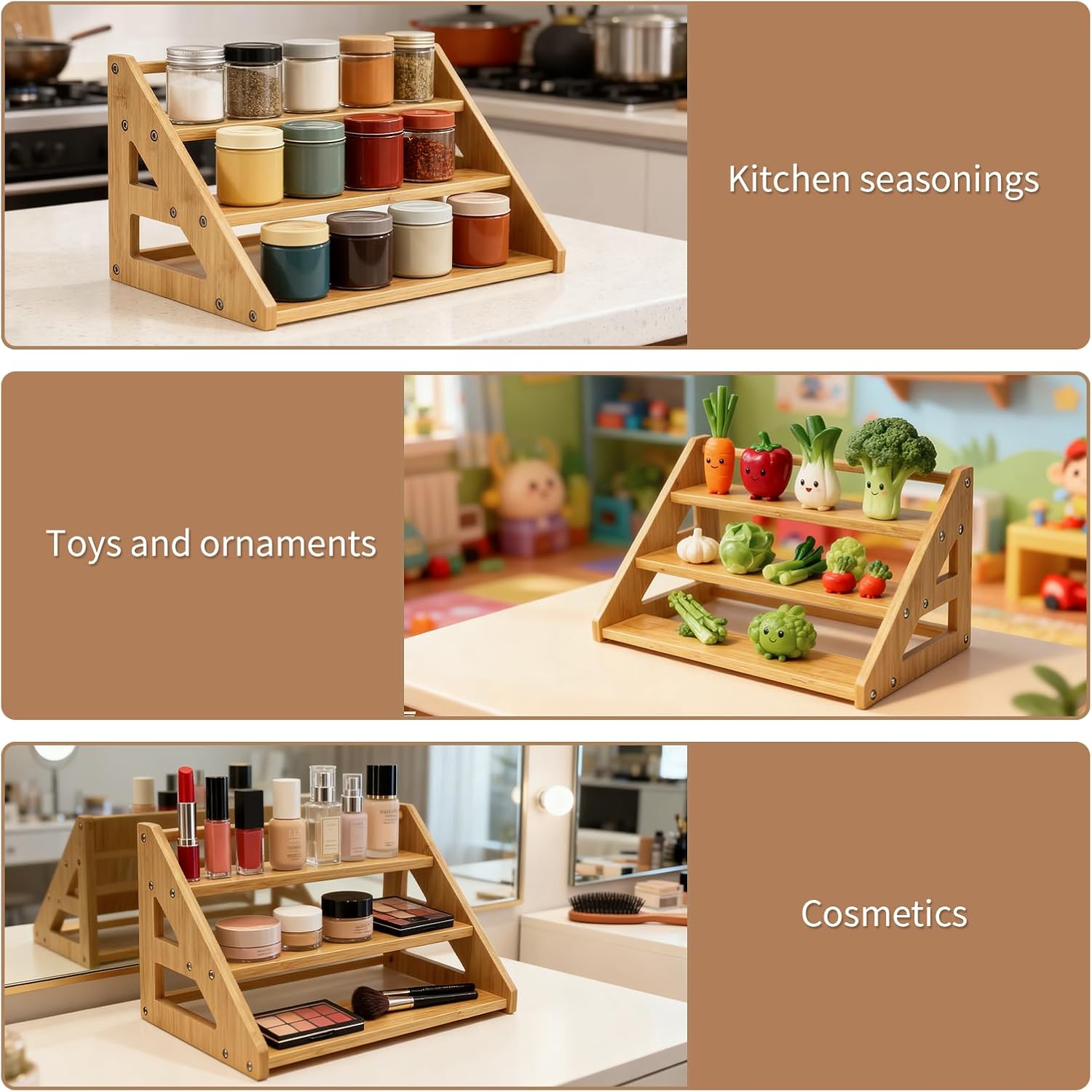 3-Tier Spice Rack for Cabinet bamboo,Seasoning Organizer Spice Rack for Kitchen Countertops,Cabinets & Pantries,Modern Space-Saving Design, Durable Bamboo Organizer (Spice Bottles Not Included)