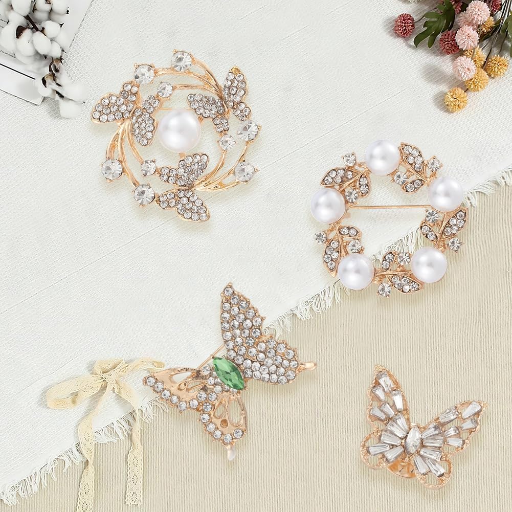 CREATCABIN 4pcs Brooches for Women Butterfly Wreath Brooch Pins Simulated Rhinestone Pearl Pins Jewelry Accessories for Wedding Bridal Dress Corsage Bouquet Coat Hat Jacket Sweater Birthday Gift Gold - Image 7