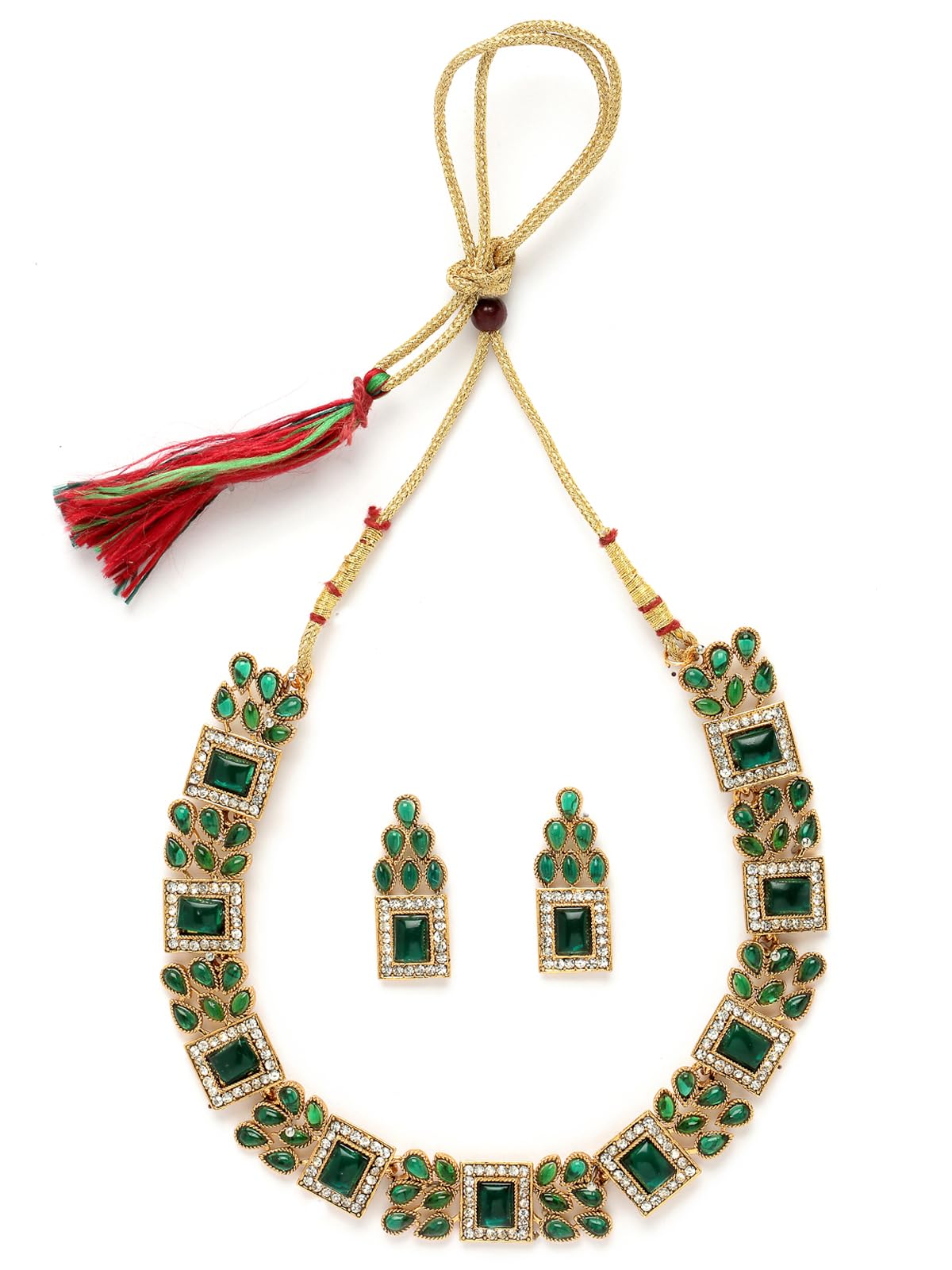 SukkhiSparkling Gold Plated Green AD Stone Collar Bone Necklace Set And Earring | Jewellery Set For Women (NS105664)