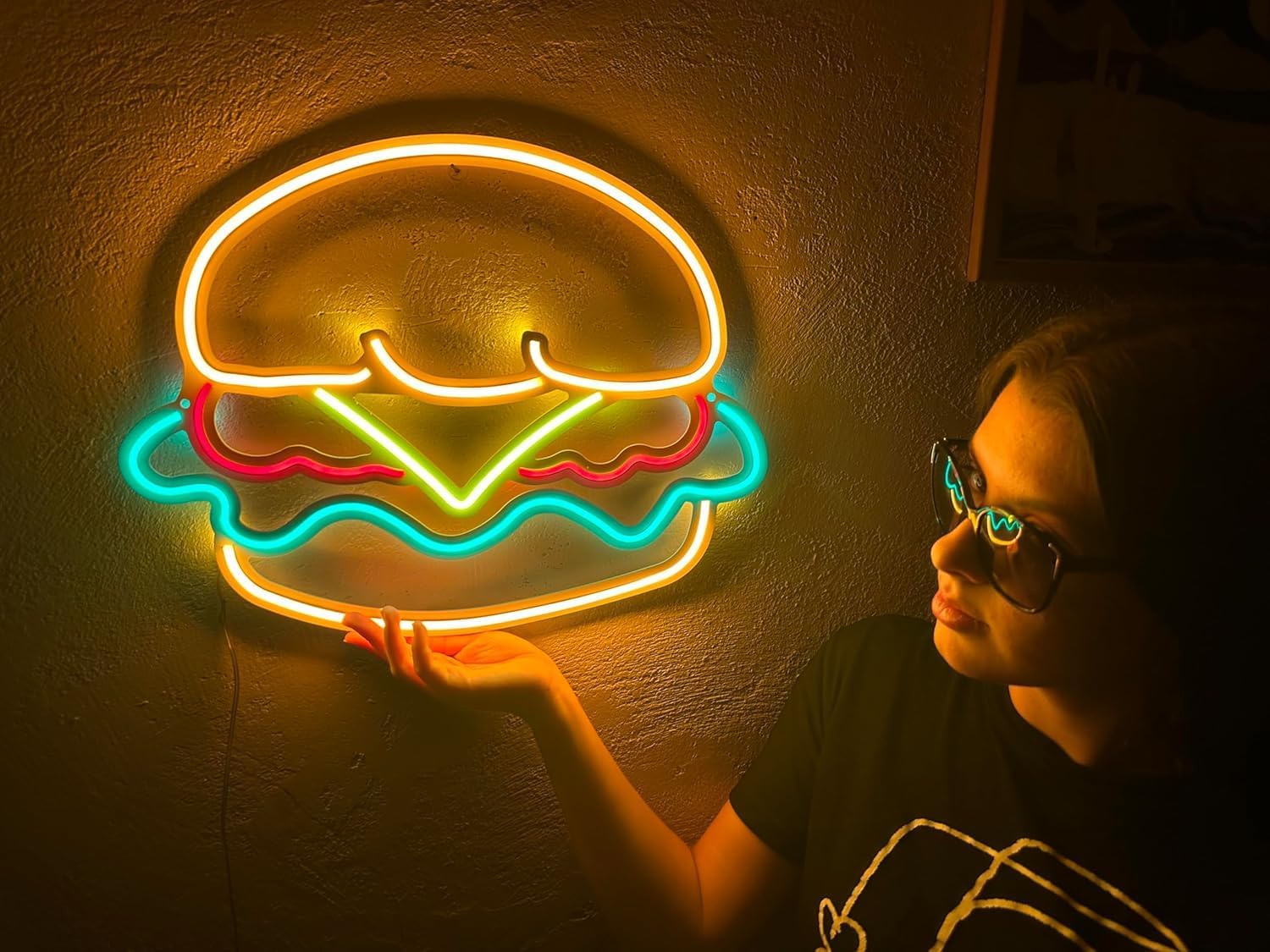 Hamburger Wall Sign, Neon Metal Wall Art, Hamburger Neon Sign, Neon Wall Decor, Neon Wall Sign, LED Light Decor, Pub Restaurant Cafe Wall Decor (Without Remote Control)
