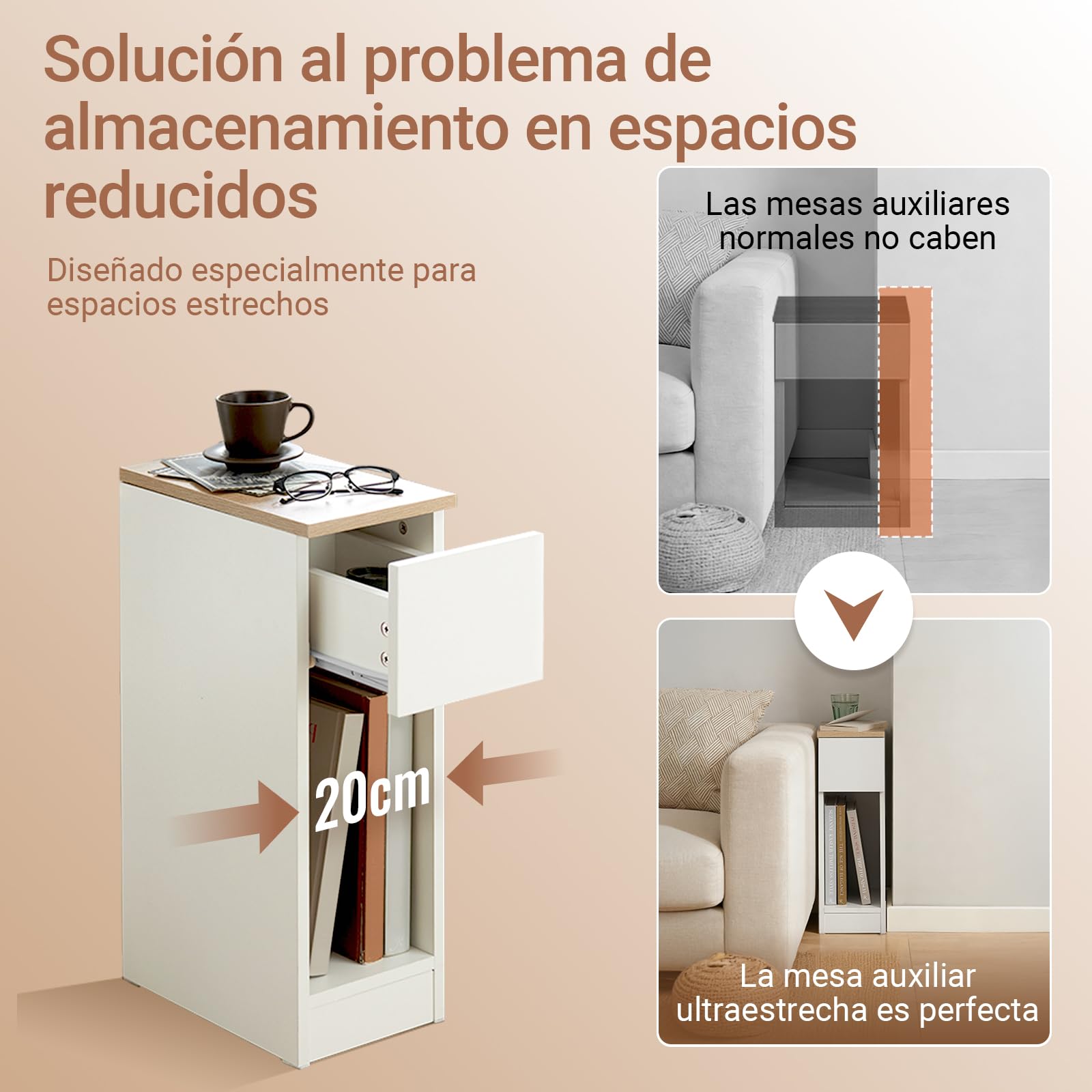 SoBuy Mesita de Noche Estrecha 20 cm con cajón Mesa de Noche ahorradora de Espacio & mesilla de Noche para Espacios pequeños Dormitorio salón Blanco 20x35x60 cm FBT111-WN