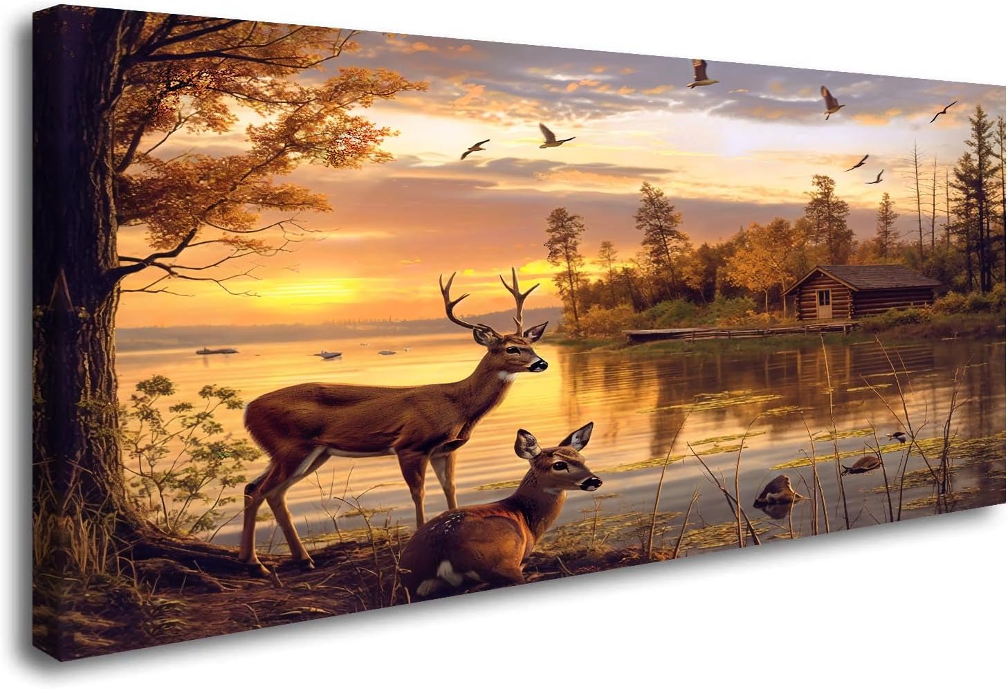 Golden Rustic Animal Deer Canvas Print Framed Vintage Wildlife Home Decor Livingroom Decorations Wall Art (Framed, 40L" x 20W")