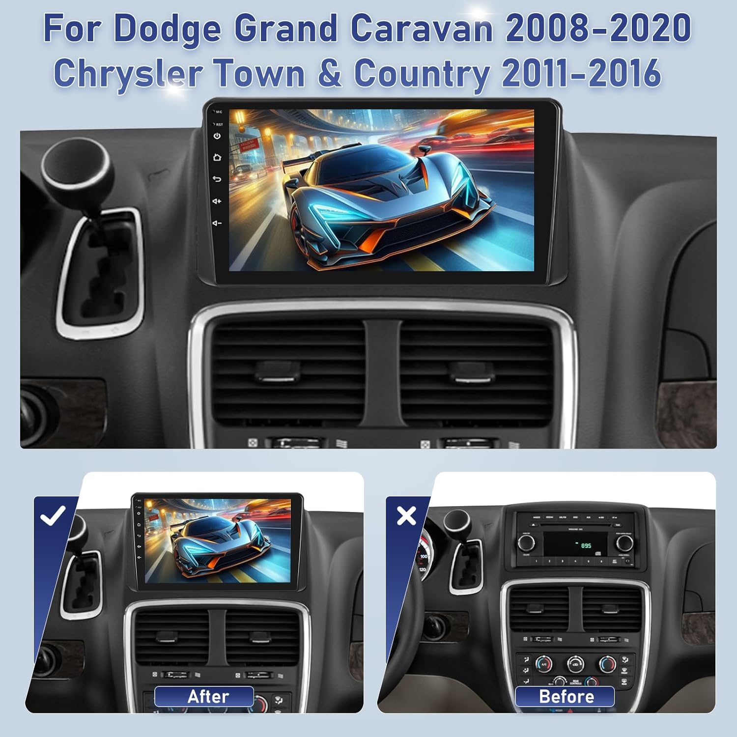 Car Radio for Dodge Grand Caravan 2008-2020 Chrysler Town&Country 2011-2016, 9 inch Android Touchscreen Stereo with Carplay/Android Auto, GPS, WiFi, Bluetooth, SWC, FM/RDS, 2G+64G