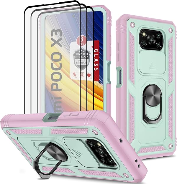 Funda para Xiaomi Poco X3 NFC con 3 protectores de pantalla de vidrio templado, soporte anillo integrado + protector de cámara, carcasa dura PC y TPU suave, cuerpo completo blindado - Verde/Rosa