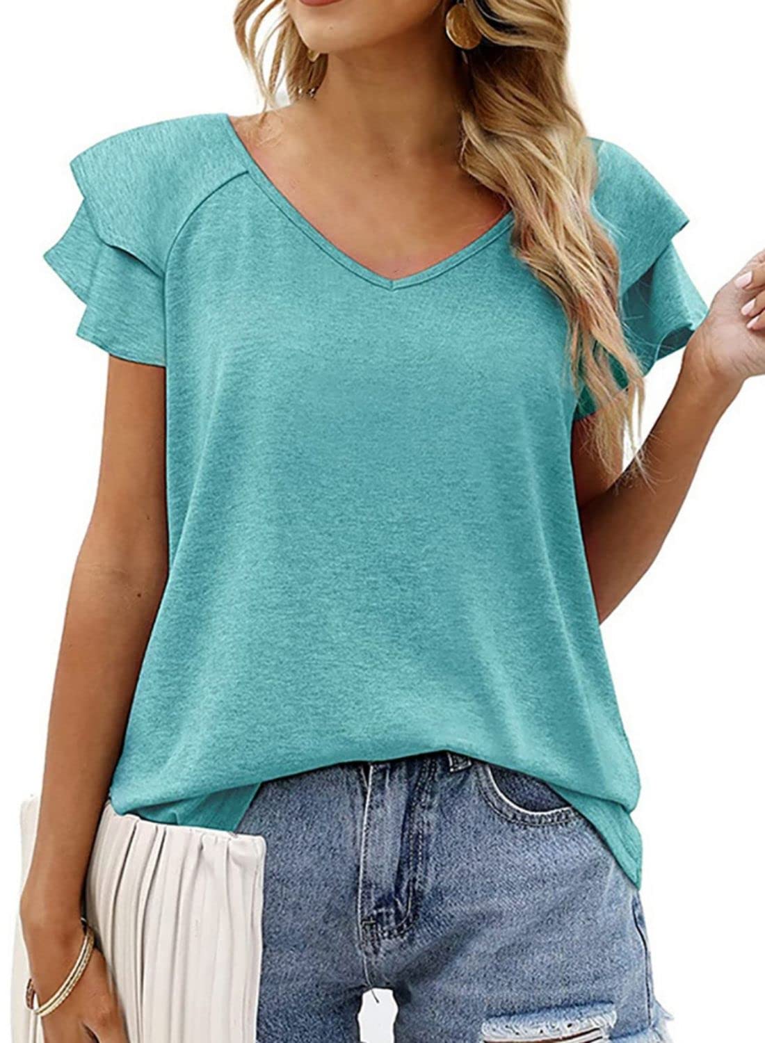 NLAND Manga Corta Informal con Cuello En V Camiseta De Verano para Mujer Top De Manga Corta con Volantes En Color Liso