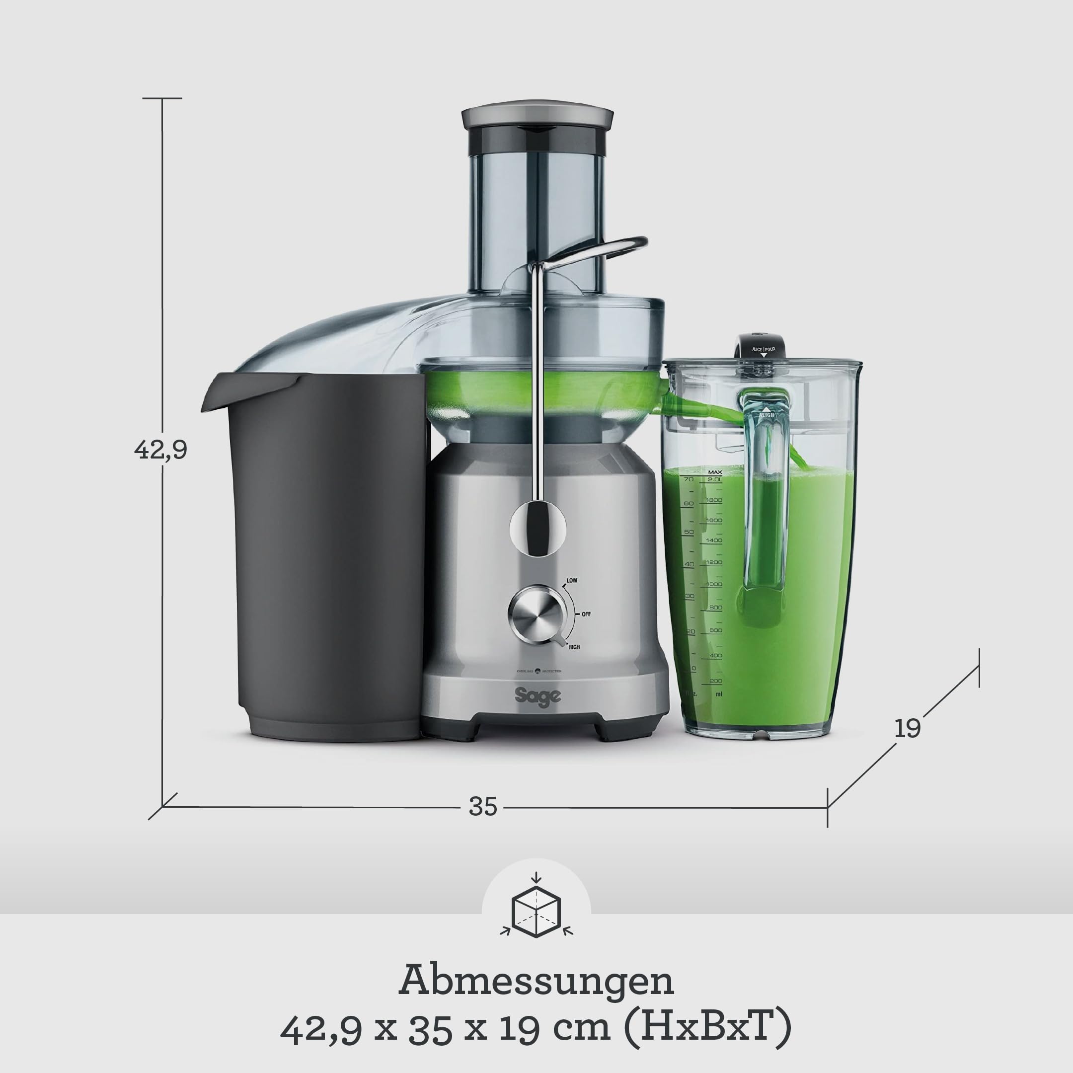 Sage - The Nutri Juicer Cold - Entsafter für Obst und Gemüse - Cold-Spin-Technologie, Hohe Saftausbeute, Extrabreiter Einfüllschacht, Einfach zu Reinigendes Sieb, 1250W Motor, 2L Saftkrug - Silber