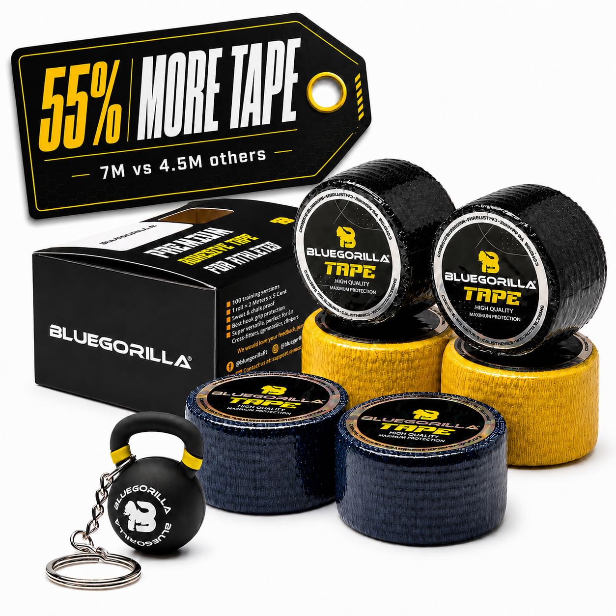 BlueGorilla Tape CrossFit Elástico (Pack 6 Rollos) - Esparadrapo Deportivo Flexible para Hook Grip y Dedos - Incluye Llavero de Regalo - 3.8cm x 7 m.