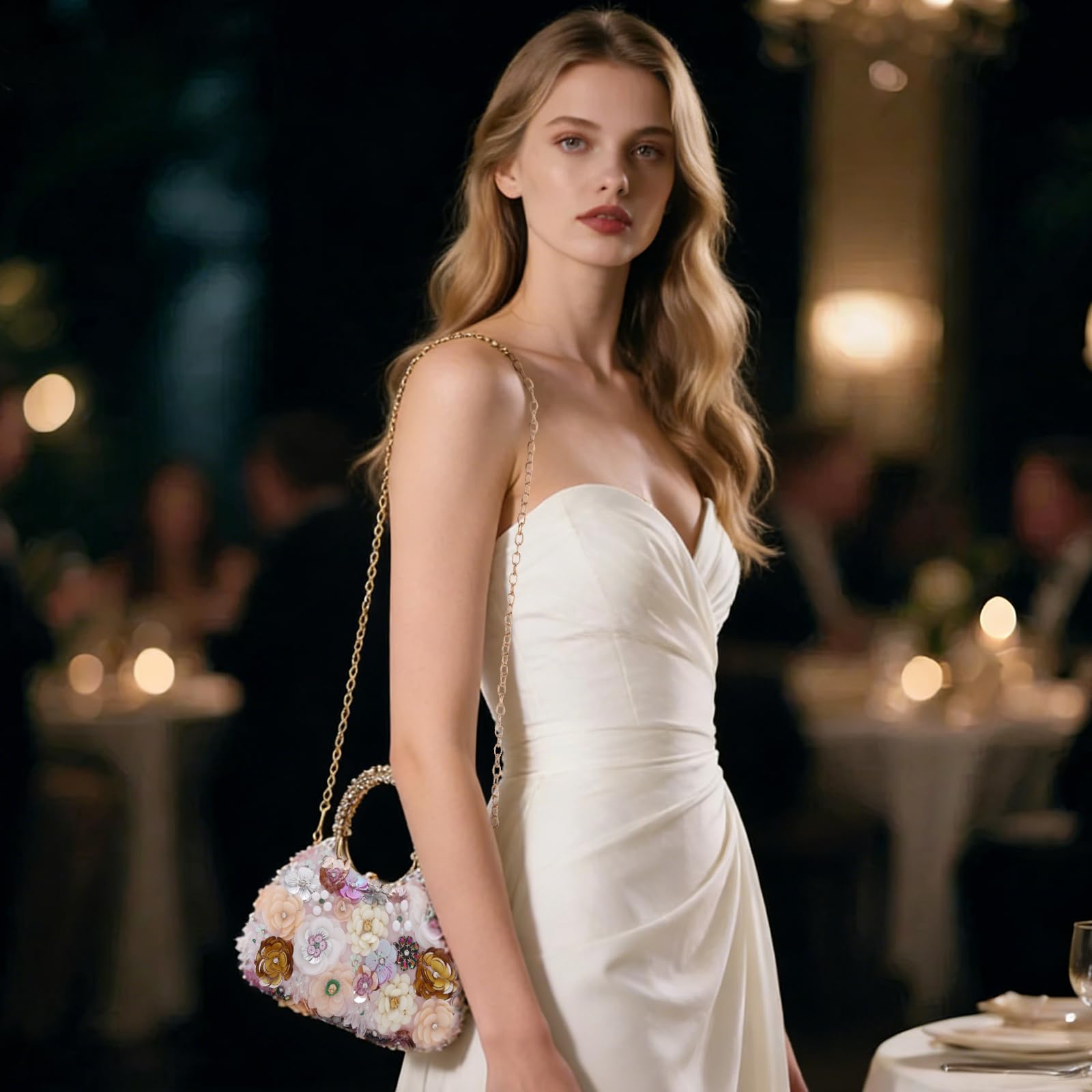 Mujer Bolso con Cuentas Y Flores Noche de Embrague para Fiesta Lady Party