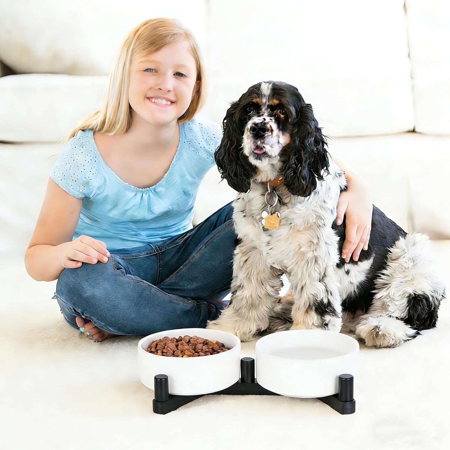 Elevated Ceramic Dog Bowls for Small Dogs, Raised Dog Bowl Set with Adjustable Wood Stand, Non-Slip Pet Feeding Station, Food & Water Bowls for Cats & Small Dogs 13.5oz (White)