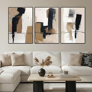 SAFERRYHOME Neutral Abstract Black and Tan Brown Wall Art Set of 3, 24"x36"