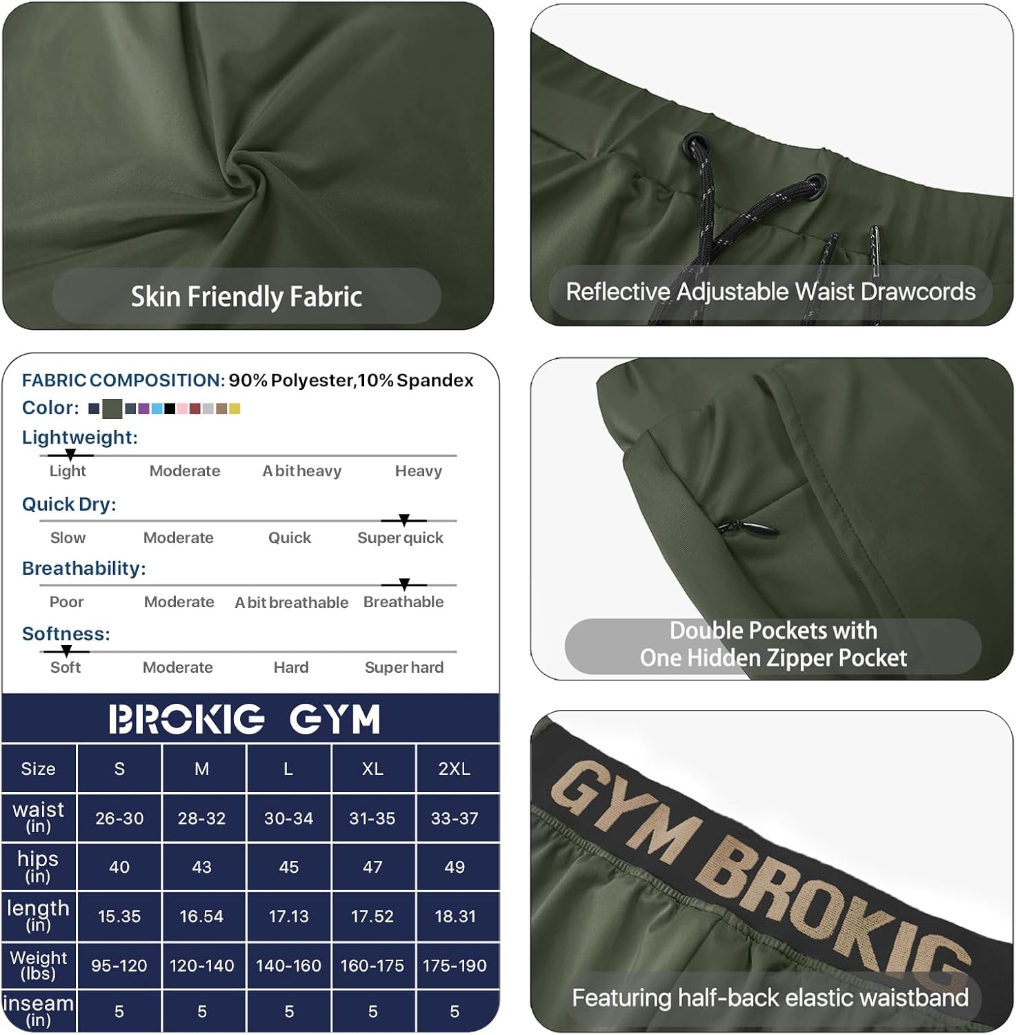 BROKIG Men's Lightweight Gym Shorts with Zip Pocket,Stretch Fitted Quick Dry Athletic Shorts Men for Workout Exercise - Image 6