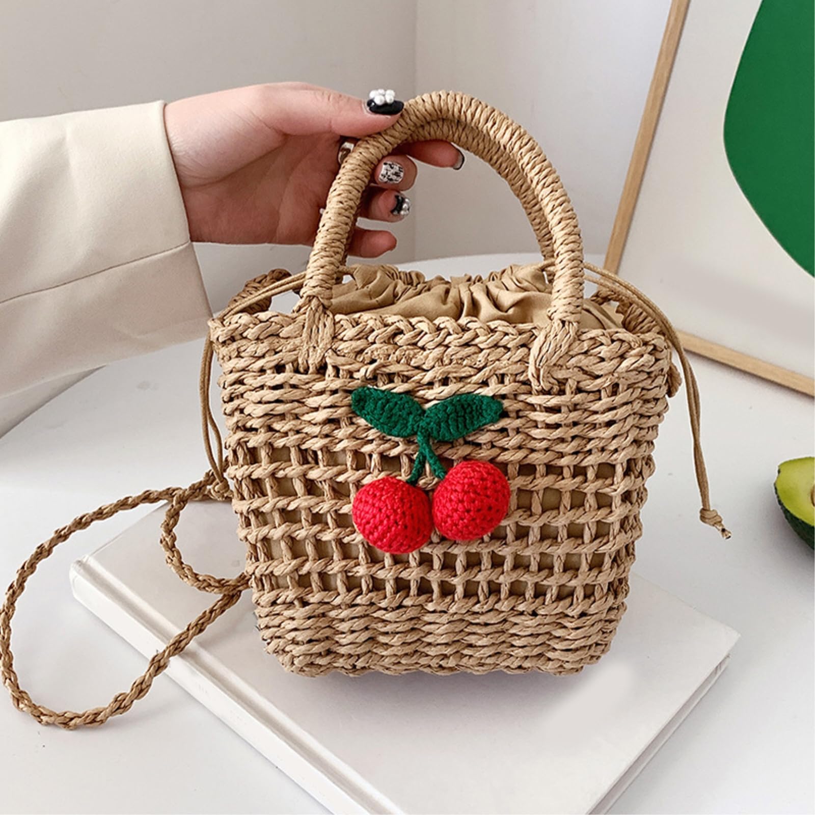 Strohtasche Damen Stroh Und Rattan Lagerkorb Crossbody Tasche, Handgefertigte Strohkorb, Strand Schultertasche-Khaki