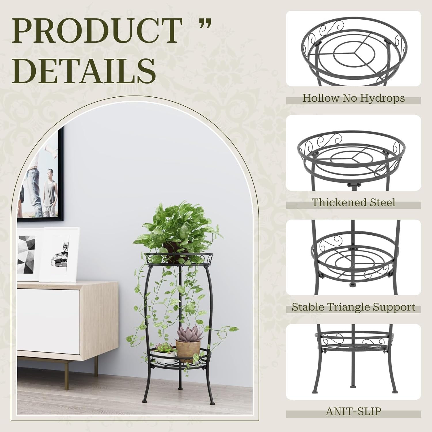 2 Pack Plant Stand Indoor Outdoor, 2 Tier 27" Tall Metal Plant Stand Shelf, Heavy Duty Flower Pot Shelf for Corner, Patio, Garden, Office, Living Room