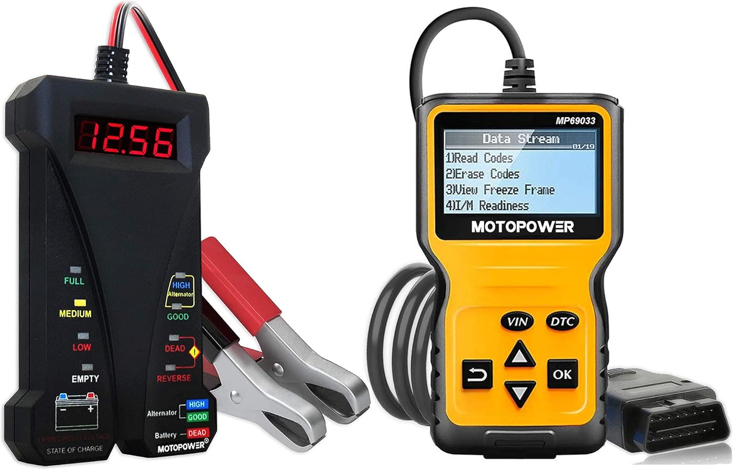 MOTOPOWER MP0514A 12V Battery Tester with MP69033 Car OBD2 Code Reader Scanner