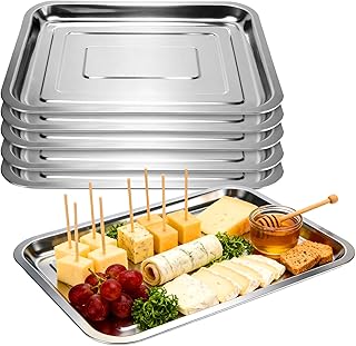6er Set Servierplatte Groß, 36 x 27 x 2cm Silber Edelstahl Teller Rechteckig, Edelstahl Tablett für Buffets, Sushi, Kuchen