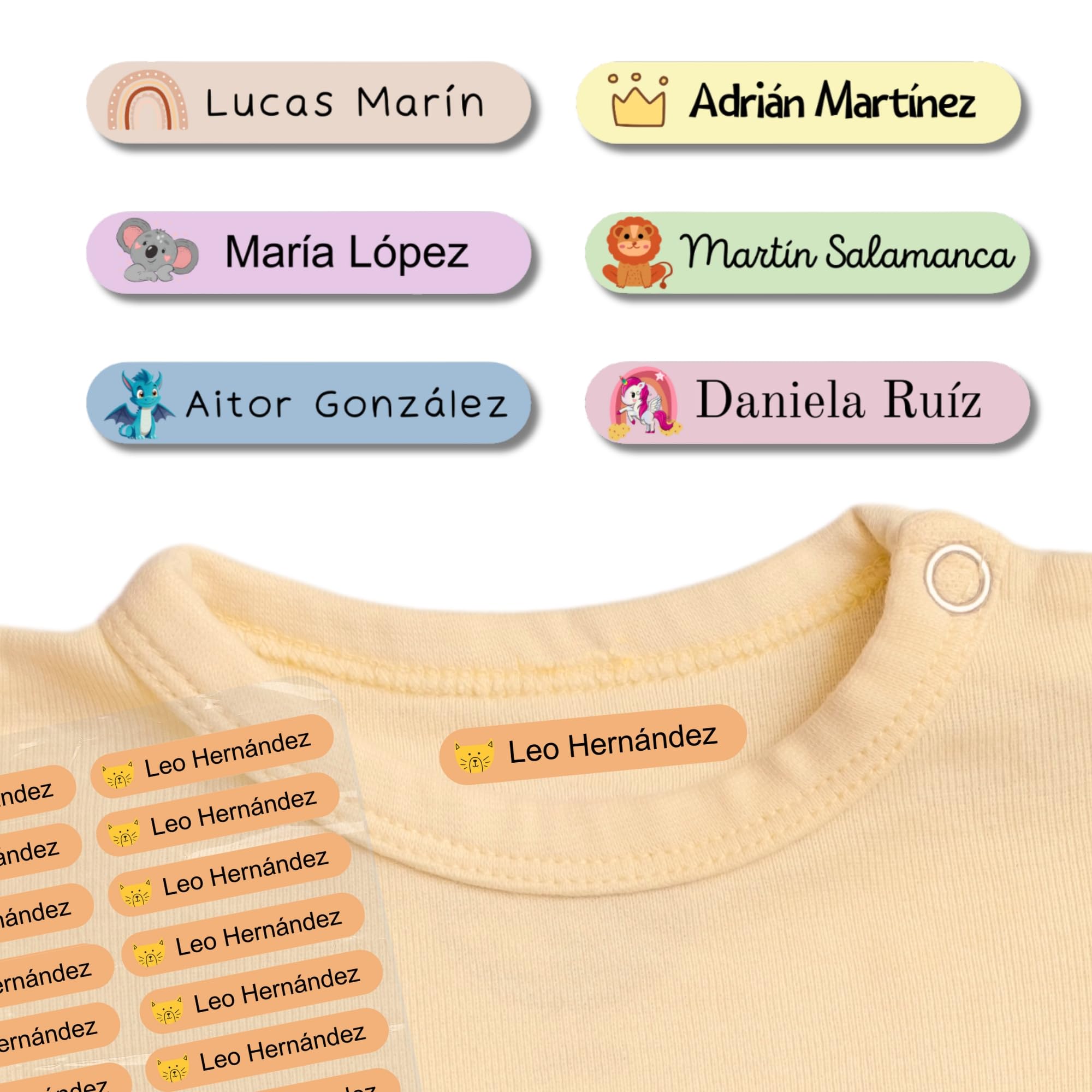 SticTag® 100 Etiquetas para Ropa Personalizadas con Nombre - Marcador termoadhesivo infantil para niños, vuelta al cole, guardería - Etiquetas de tela para camisetas, abrigos... (100)