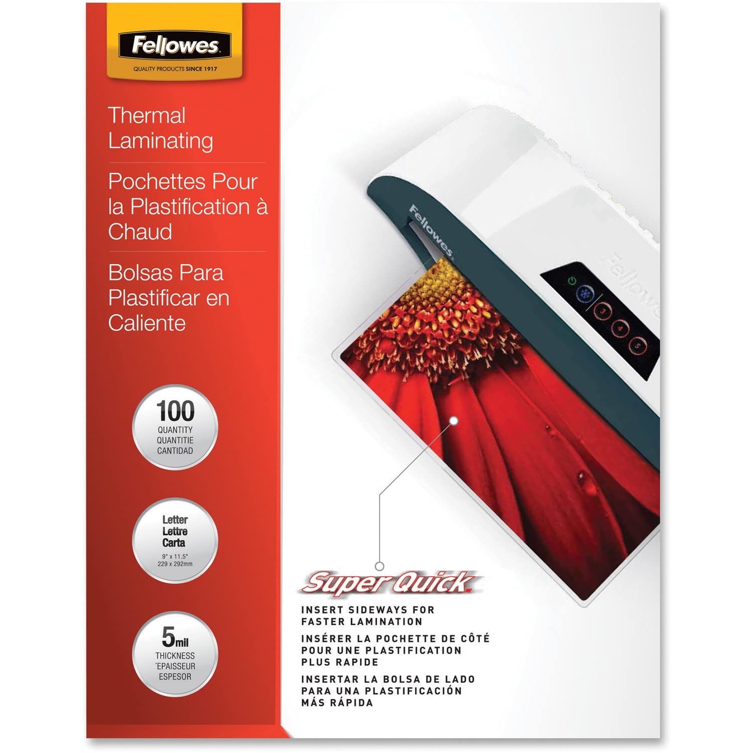 Fellowes Laminating Pouches, Thermal, SuperQuick 11.5"(H) x 9"(W) Size, 5 Mil, 100 Pack (5223001)