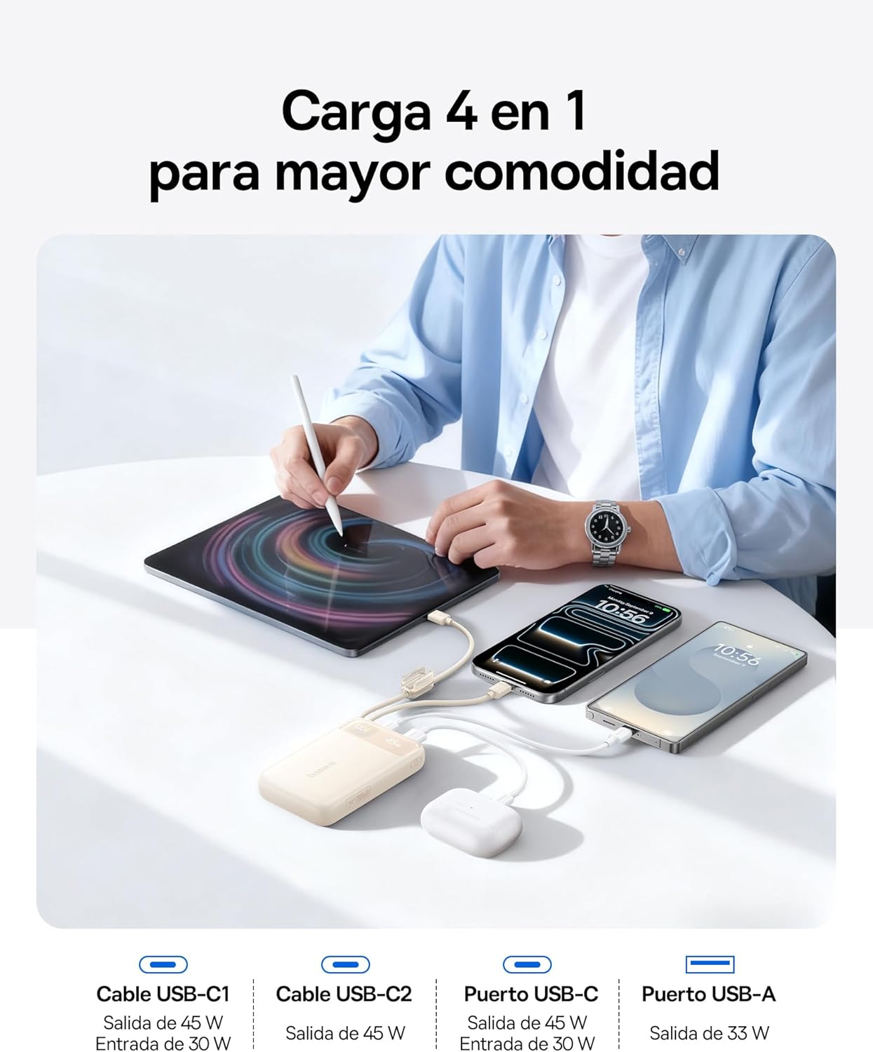 Baseus Cargador portátil FC11 de 45 W, 20000 mAh, con Cable Integrado Dual, Banco de energía pequeño CCC con Pantalla Inteligente, Cable retráctil, Paquete de baterías para iPhone 17/16, iPad 5