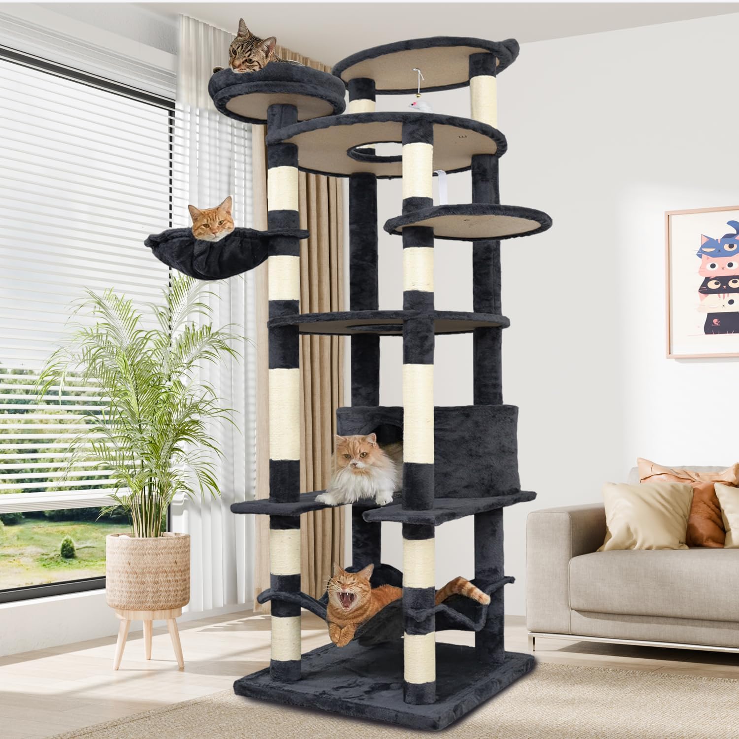 Tall Cat Tree 78.8in, Patent Fabric Multilevel Cat Tower for Adult Cats, Climbing Tree House and Towers with Condo Hammock Scratching Post Large Platform Wide Base