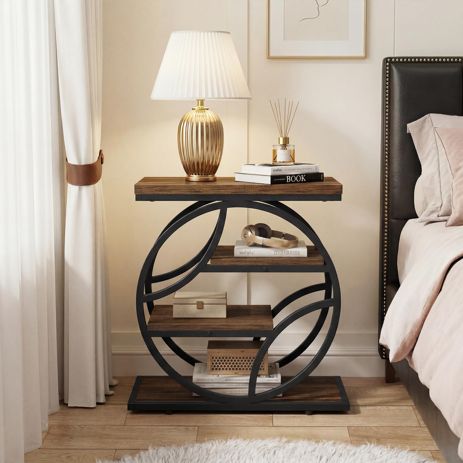 Tribesigns 25-Inch End Table for Living Room, Small Side Table with 4-Tier Storage Shelf, Narrow Industrial Nightstand with Geometric Metal Frame, for Home Bedroom Small Space